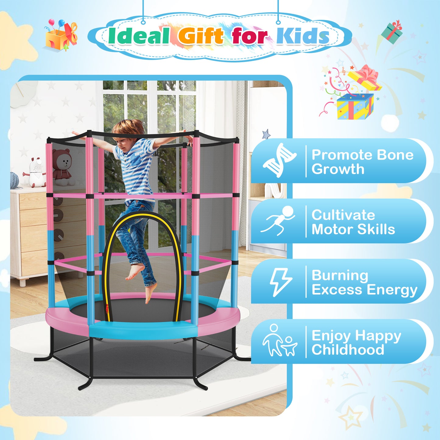 55 Inch Kids Recreational Trampoline Bouncing Jumping Mat with Enclosure Net-Pink Kids Crystal