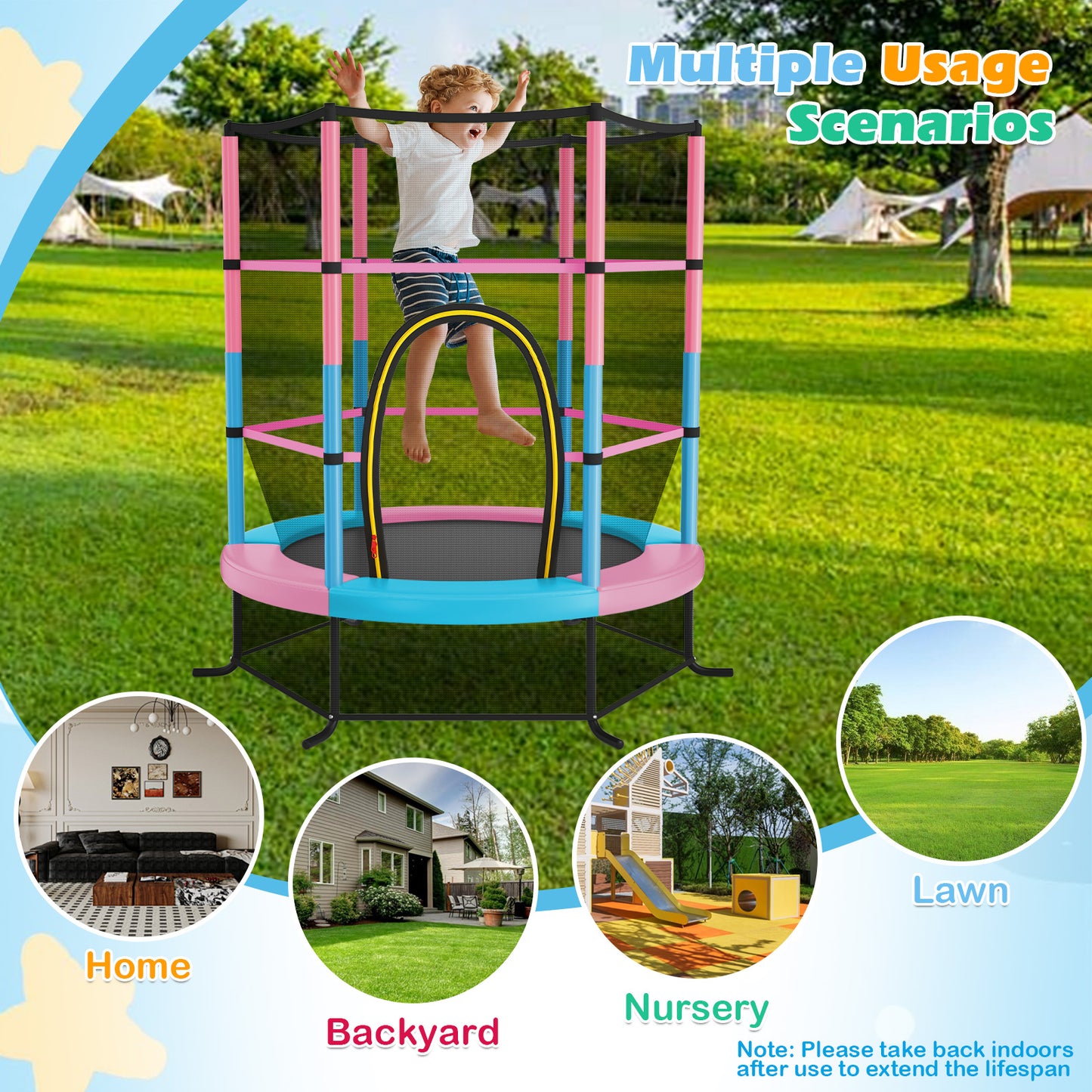 55 Inch Kids Recreational Trampoline Bouncing Jumping Mat with Enclosure Net-Pink Kids Crystal