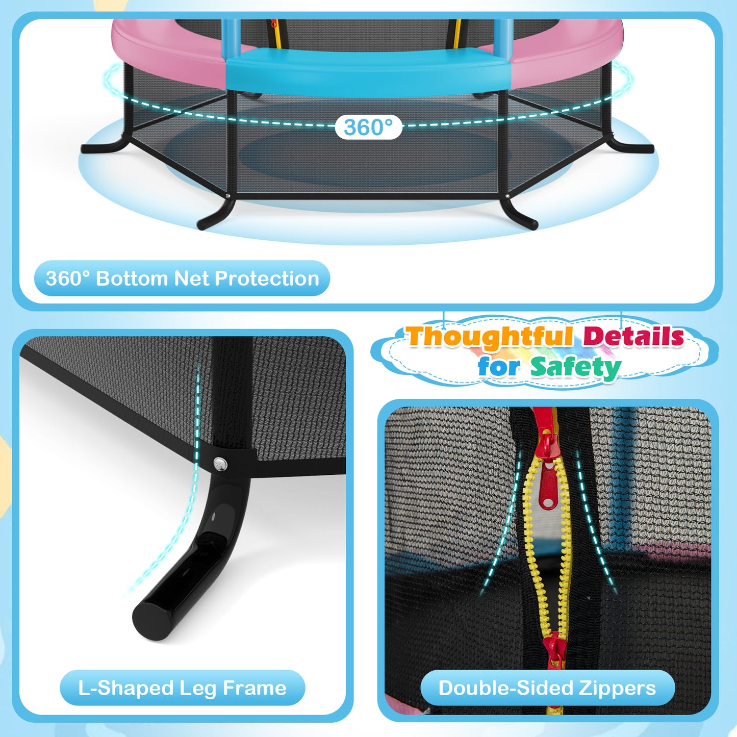 55 Inch Kids Recreational Trampoline Bouncing Jumping Mat with Enclosure Net-Pink Kids Crystal
