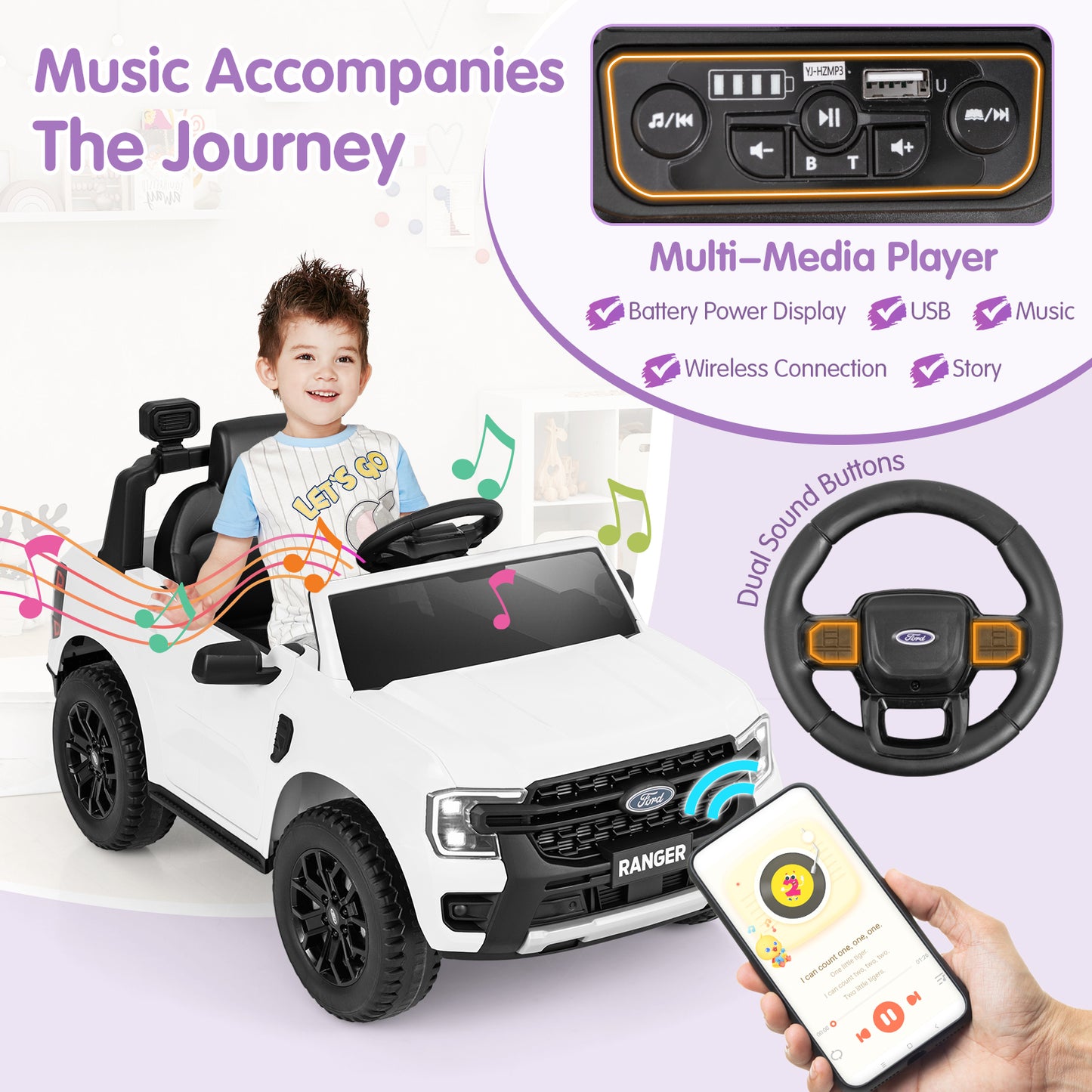 12V Electric Kids Ride on Car Licensed Ford Ranger with Remote Control and Music-White