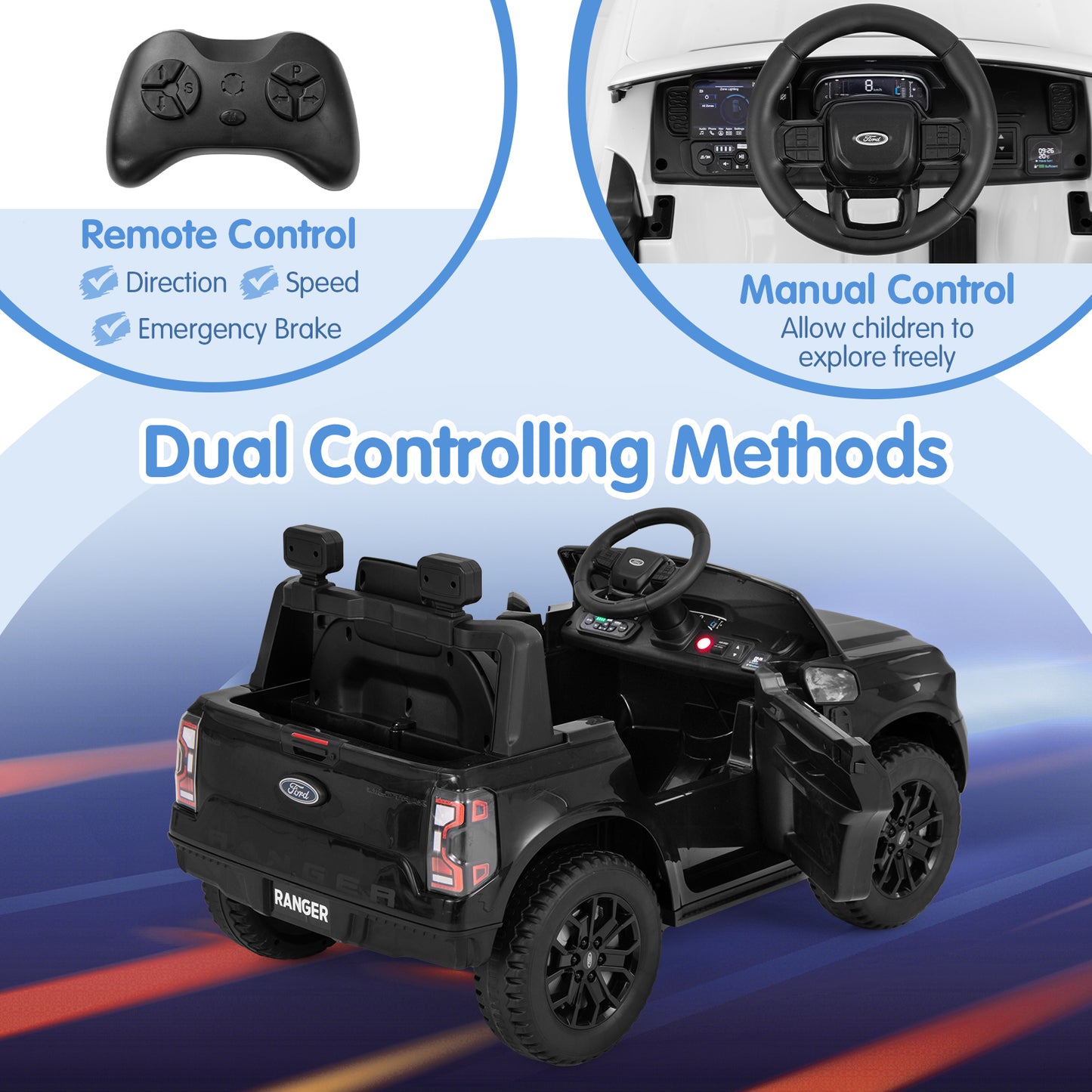 12V Electric Kids Ride on Car Licensed Ford Ranger with Remote Control and Music-Black Kids Crystal