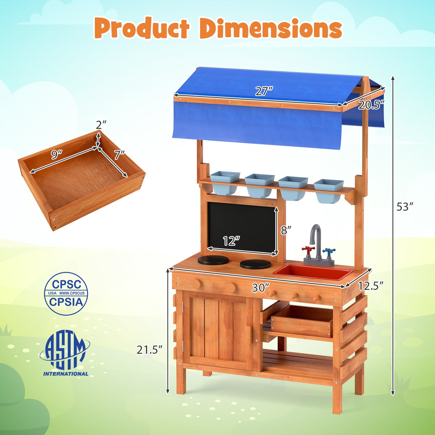 Wooden Pretend Play Kitchen with Height Adjustable Canopy for Kids-Natural Kids Crystal