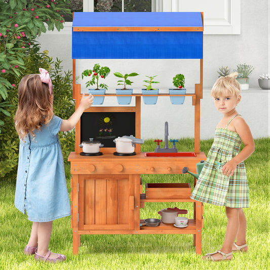 Wooden Pretend Play Kitchen with Height Adjustable Canopy for Kids-Natural Kids Crystal