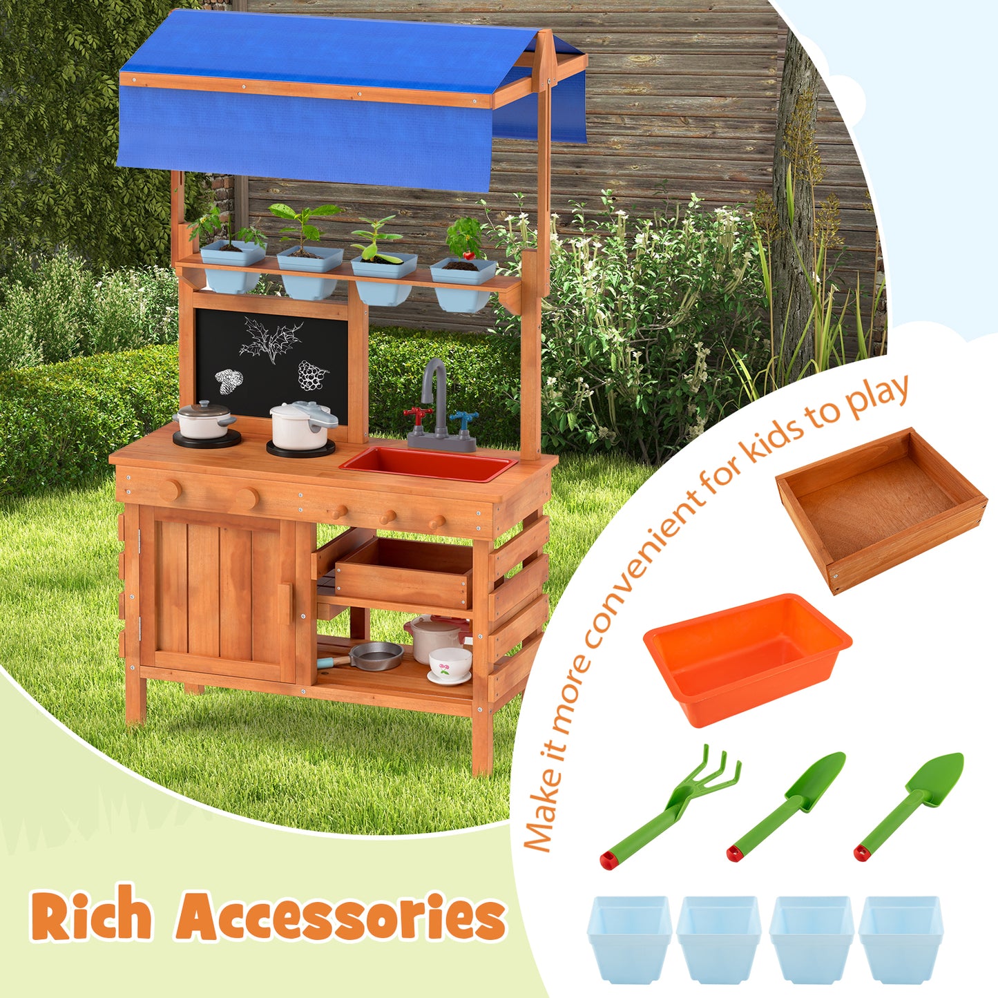 Wooden Pretend Play Kitchen with Height Adjustable Canopy for Kids-Natural Kids Crystal