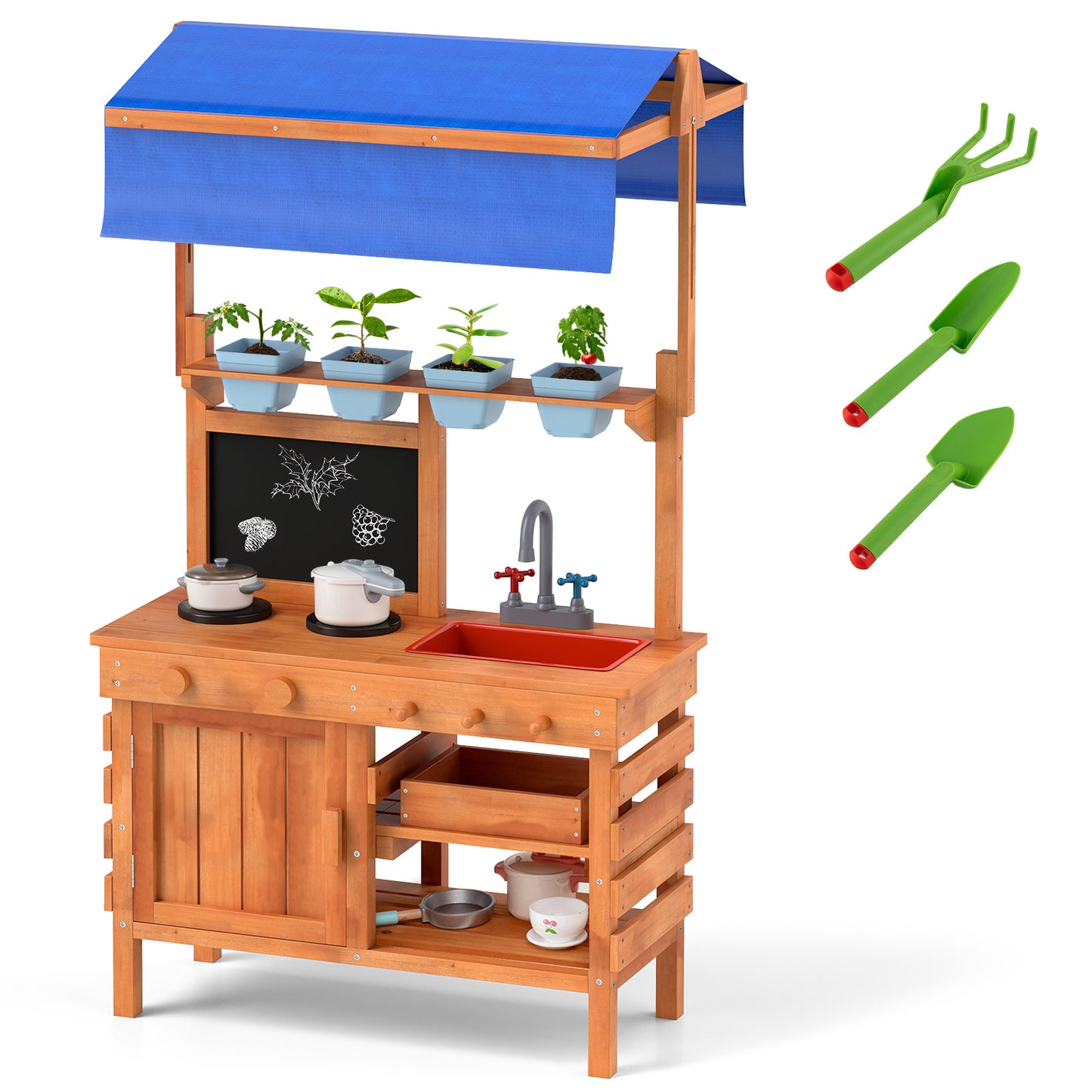 Wooden Pretend Play Kitchen with Height Adjustable Canopy for Kids-Natural Kids Crystal