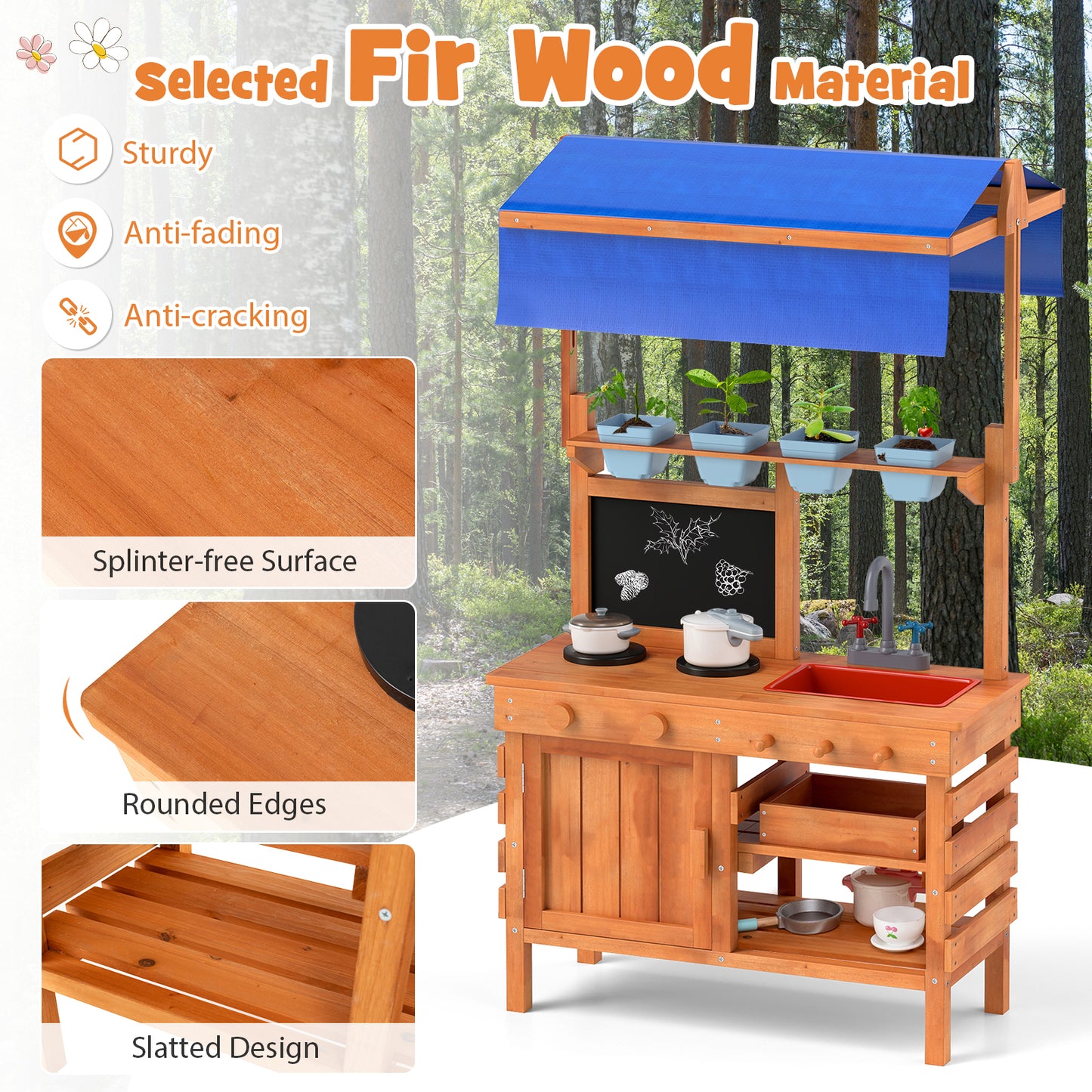 Wooden Pretend Play Kitchen with Height Adjustable Canopy for Kids-Natural Kids Crystal