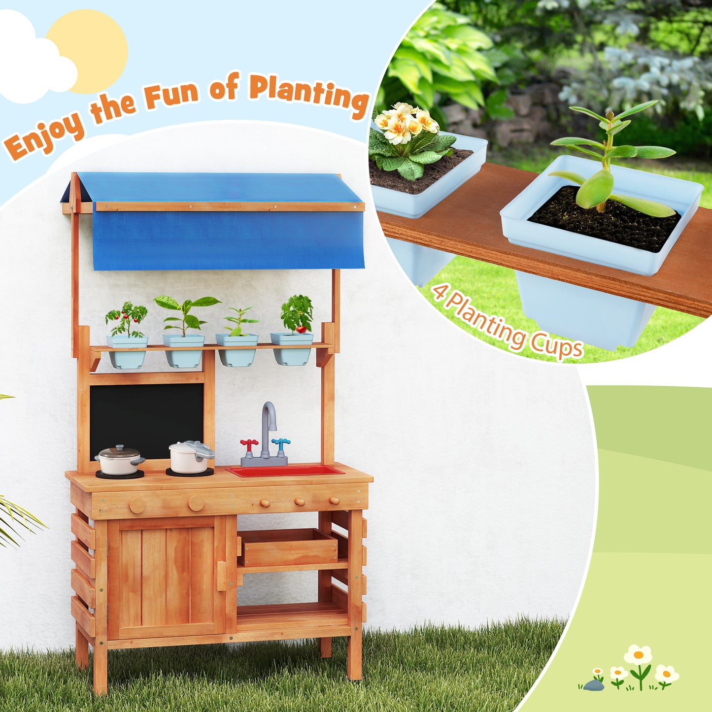 Wooden Pretend Play Kitchen with Height Adjustable Canopy for Kids-Natural Kids Crystal