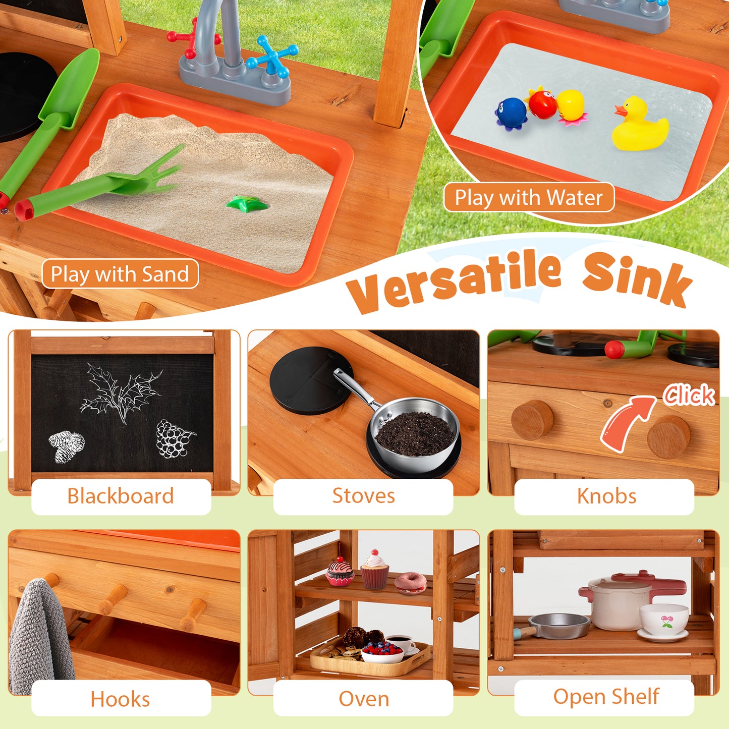 Wooden Pretend Play Kitchen with Height Adjustable Canopy for Kids-Natural Kids Crystal