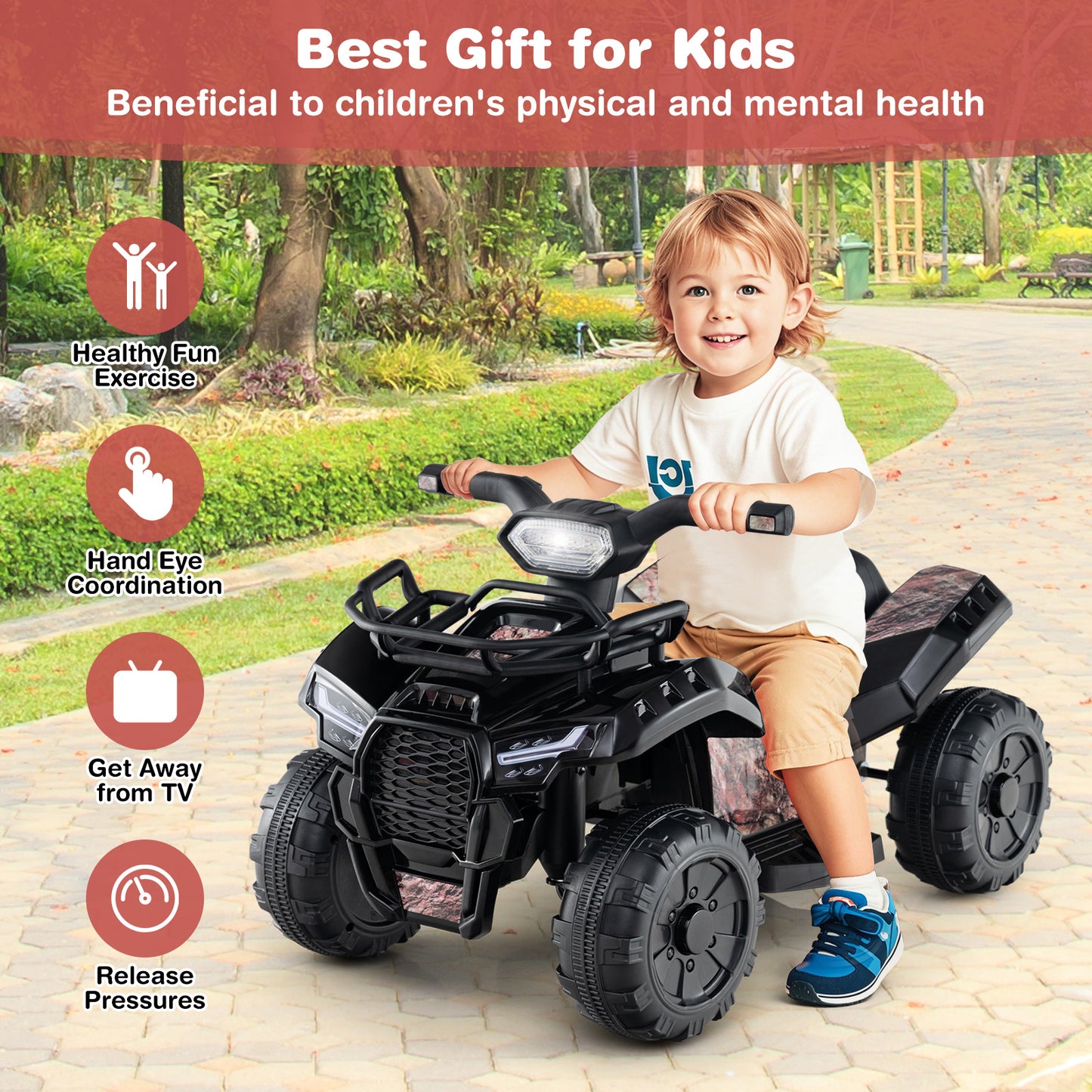 6V Kids ATV Quad Electric Ride On Car with LED Light and MP3-Solid Black
