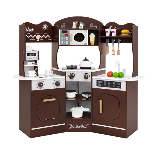Corner Wooden Play Kitchen with Coffee Machine and Slide for Kids-Brown Kids Crystal