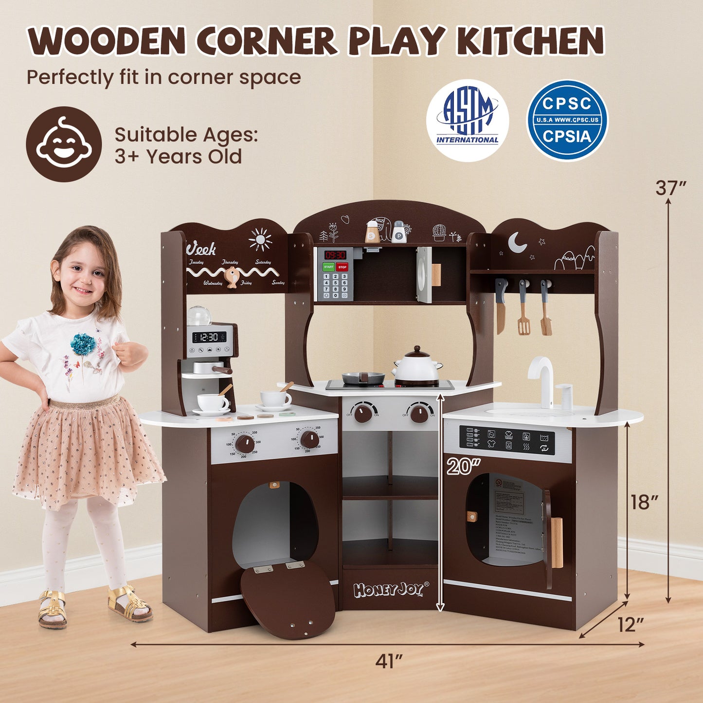 Corner Wooden Play Kitchen with Coffee Machine and Slide for Kids-Brown Kids Crystal