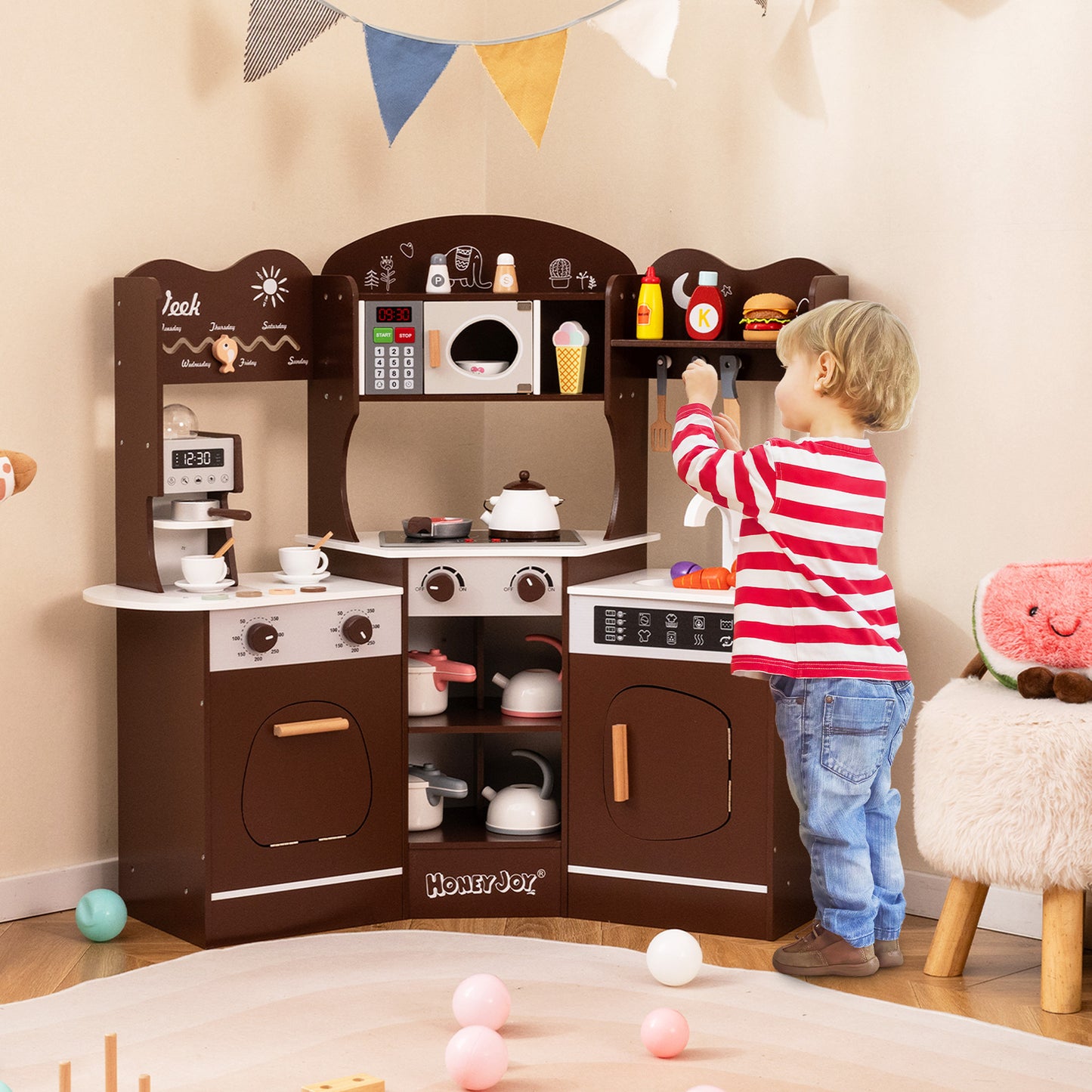 Corner Wooden Play Kitchen with Coffee Machine and Slide for Kids-Brown Kids Crystal
