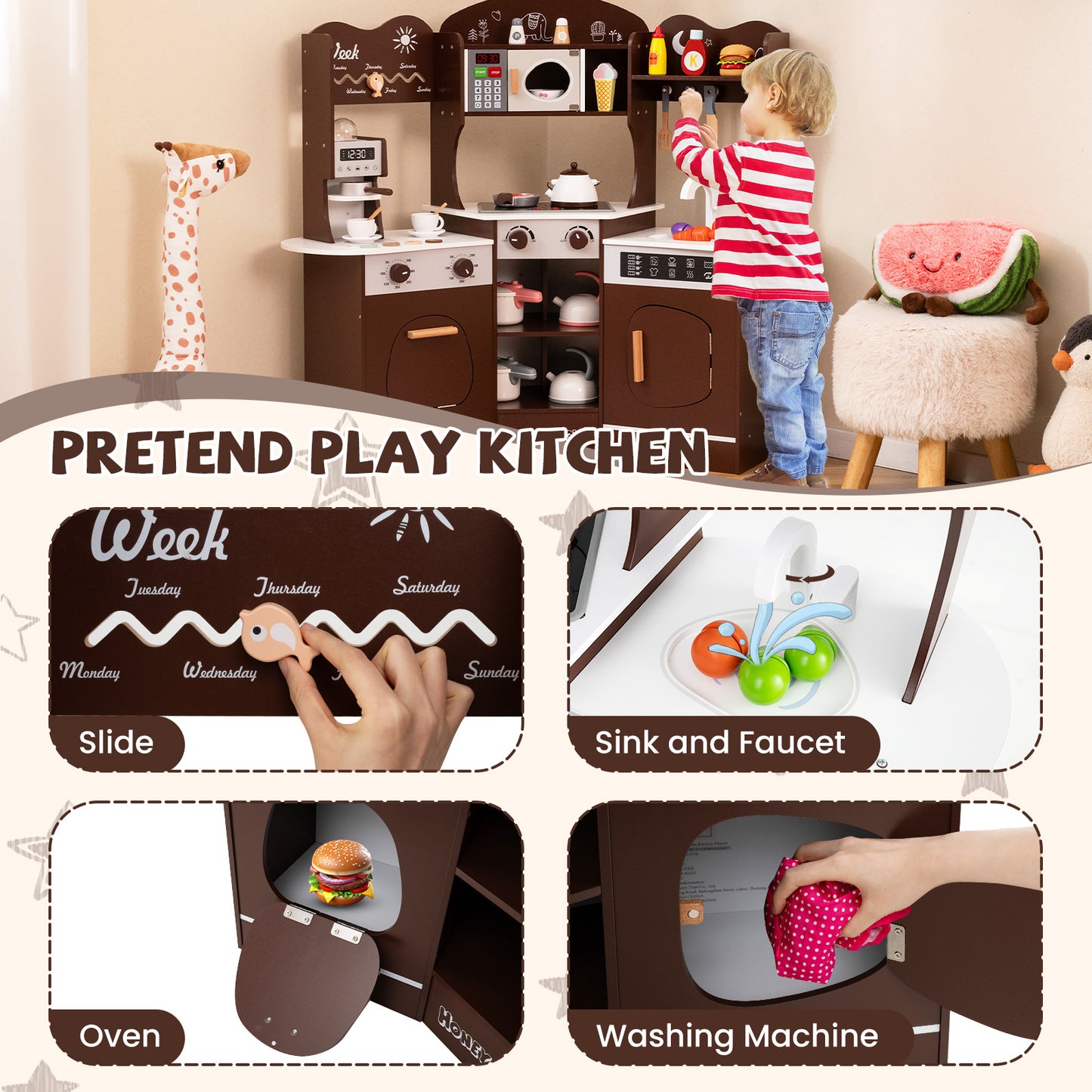 Corner Wooden Play Kitchen with Coffee Machine and Slide for Kids-Brown Kids Crystal