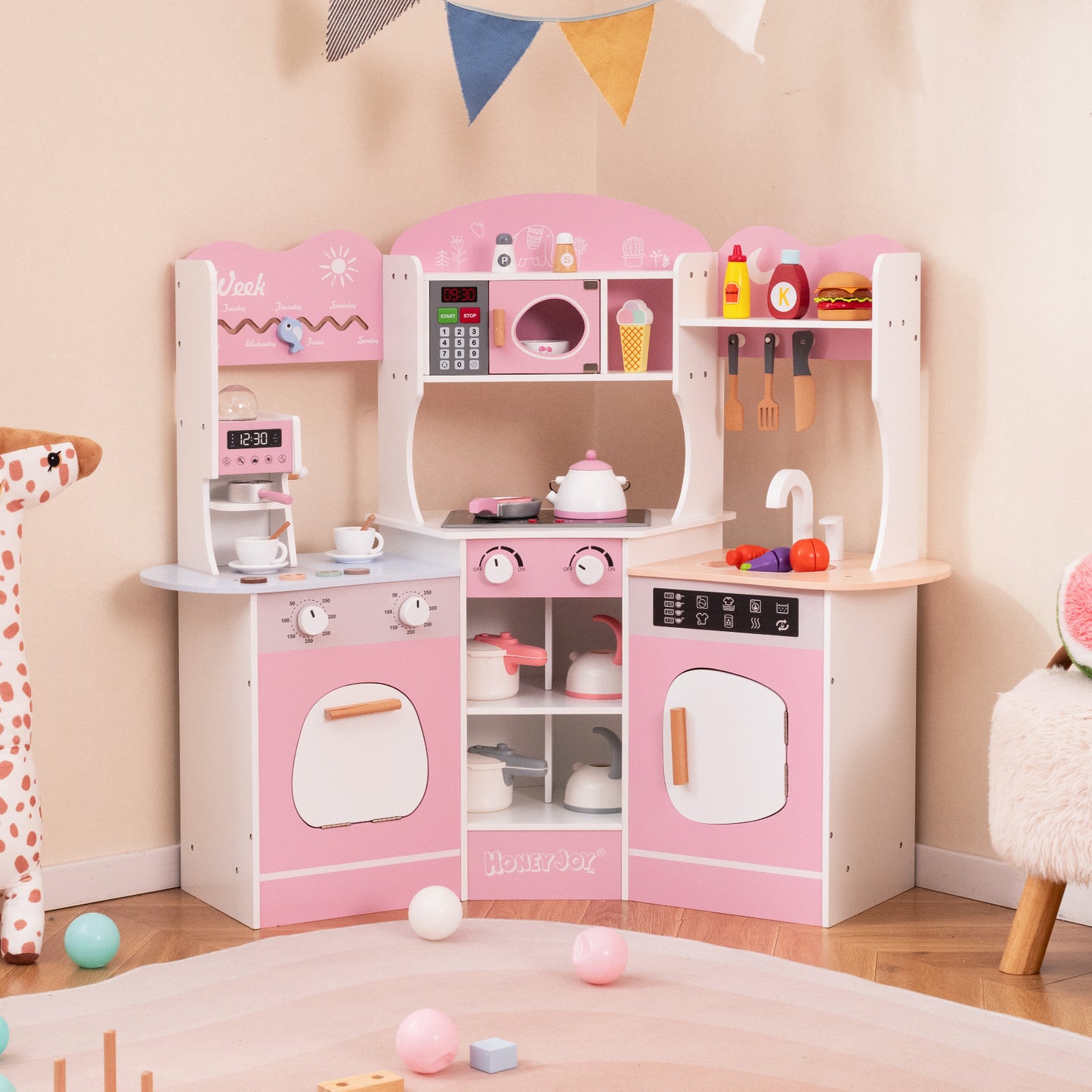 Corner Wooden Play Kitchen with Coffee Machine and Slide for Kids-Pink Kids Crystal