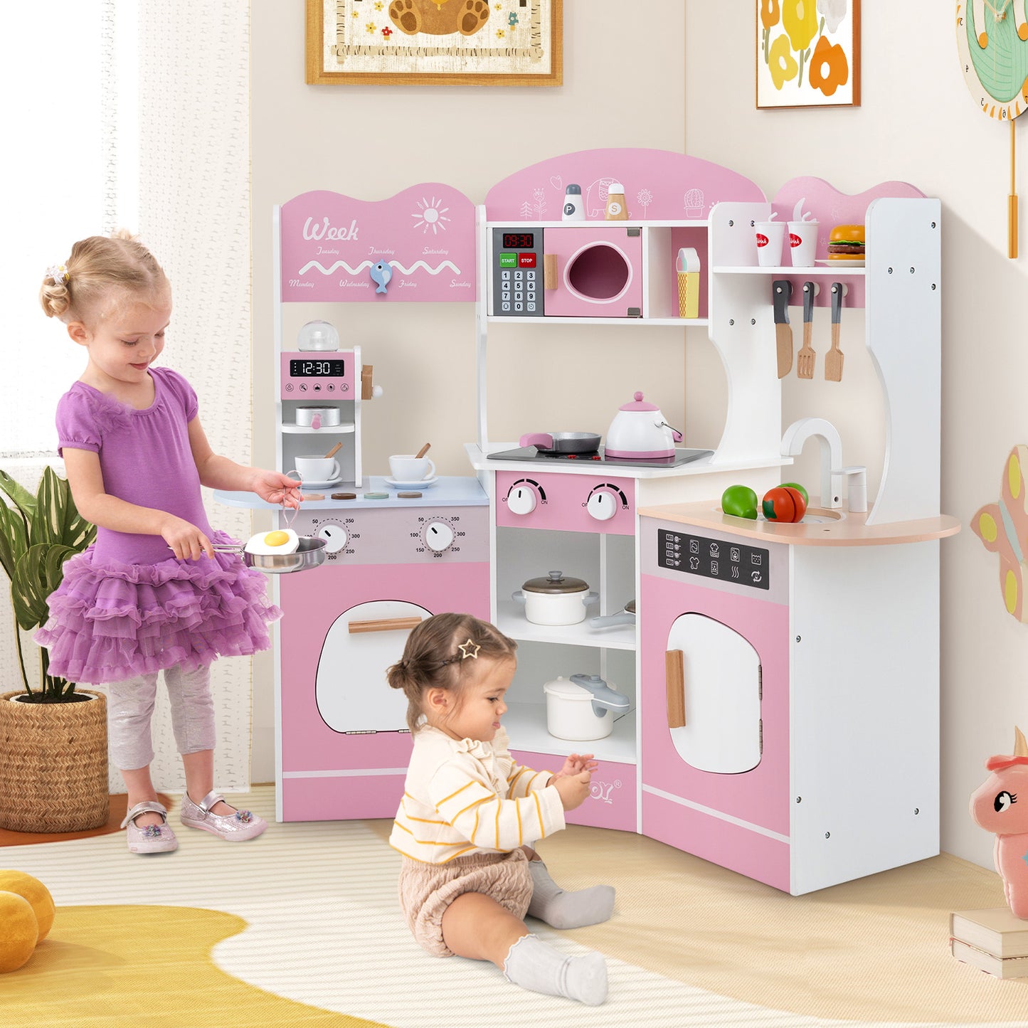 Corner Wooden Play Kitchen with Coffee Machine and Slide for Kids-Pink Kids Crystal