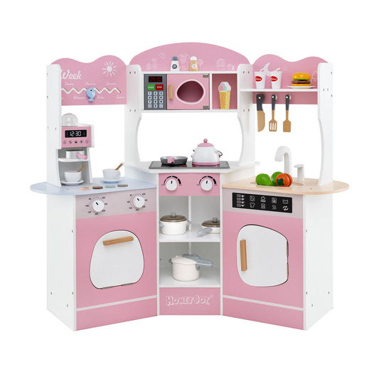 Corner Wooden Play Kitchen with Coffee Machine and Slide for Kids-Pink Kids Crystal