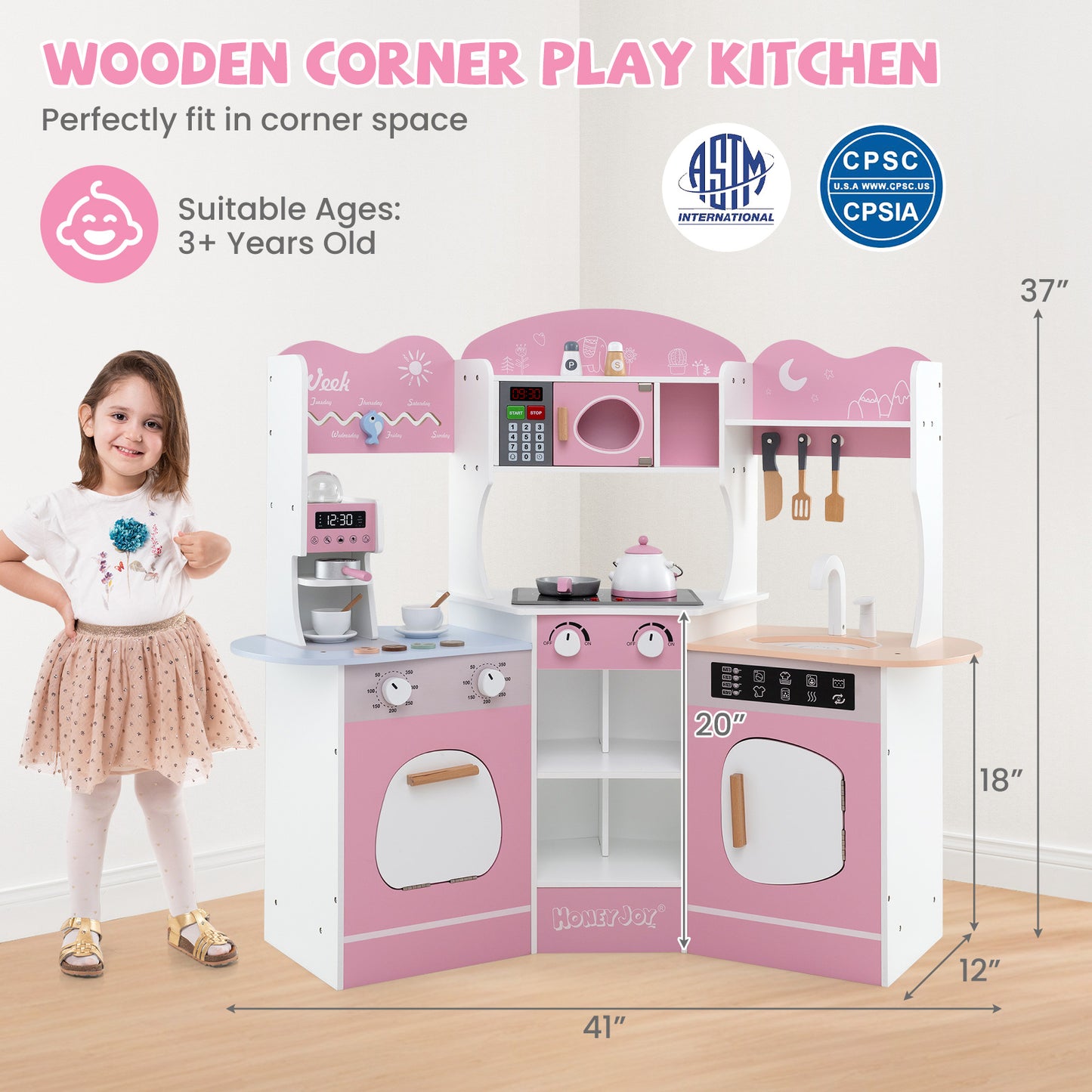 Corner Wooden Play Kitchen with Coffee Machine and Slide for Kids-Pink Kids Crystal