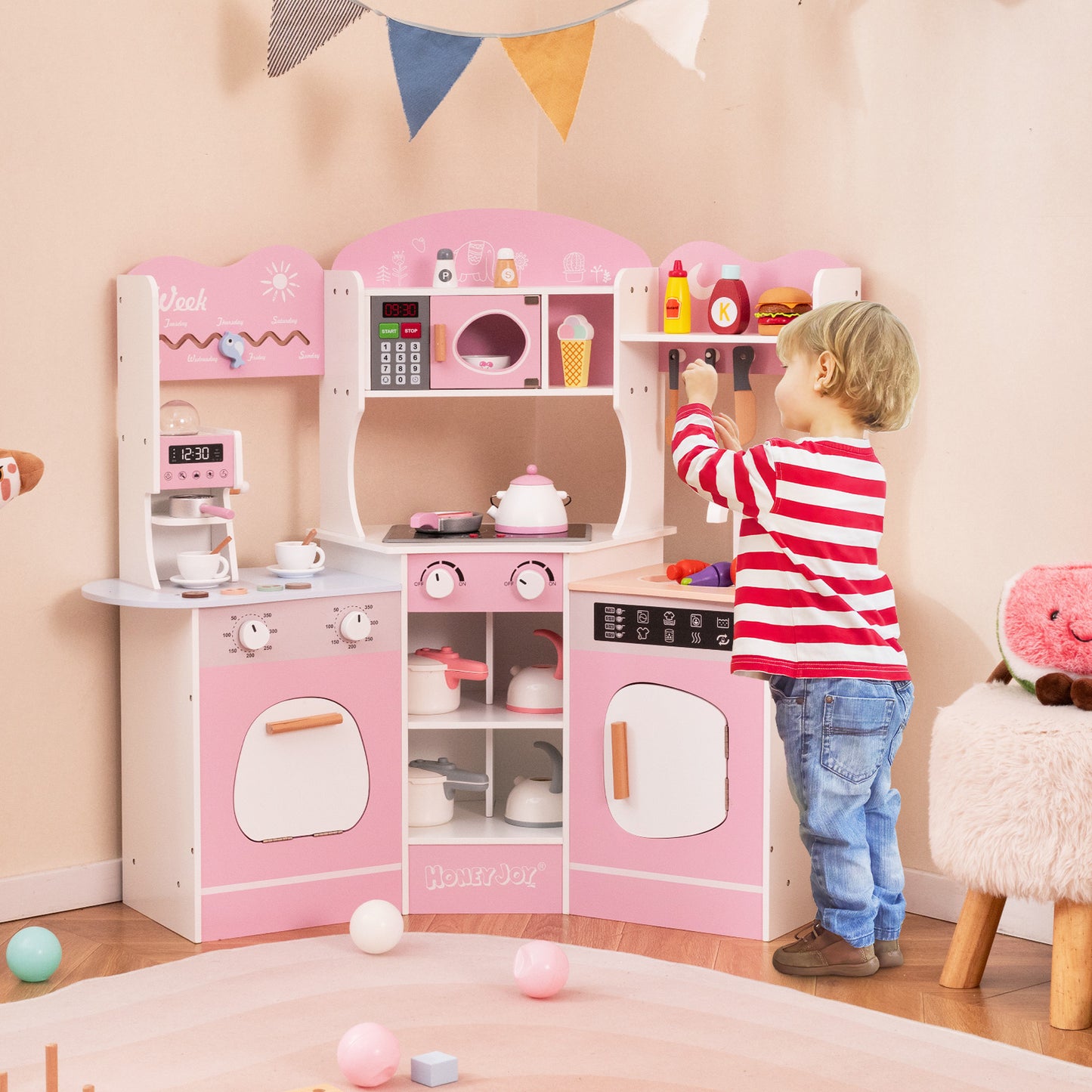 Corner Wooden Play Kitchen with Coffee Machine and Slide for Kids-Pink Kids Crystal