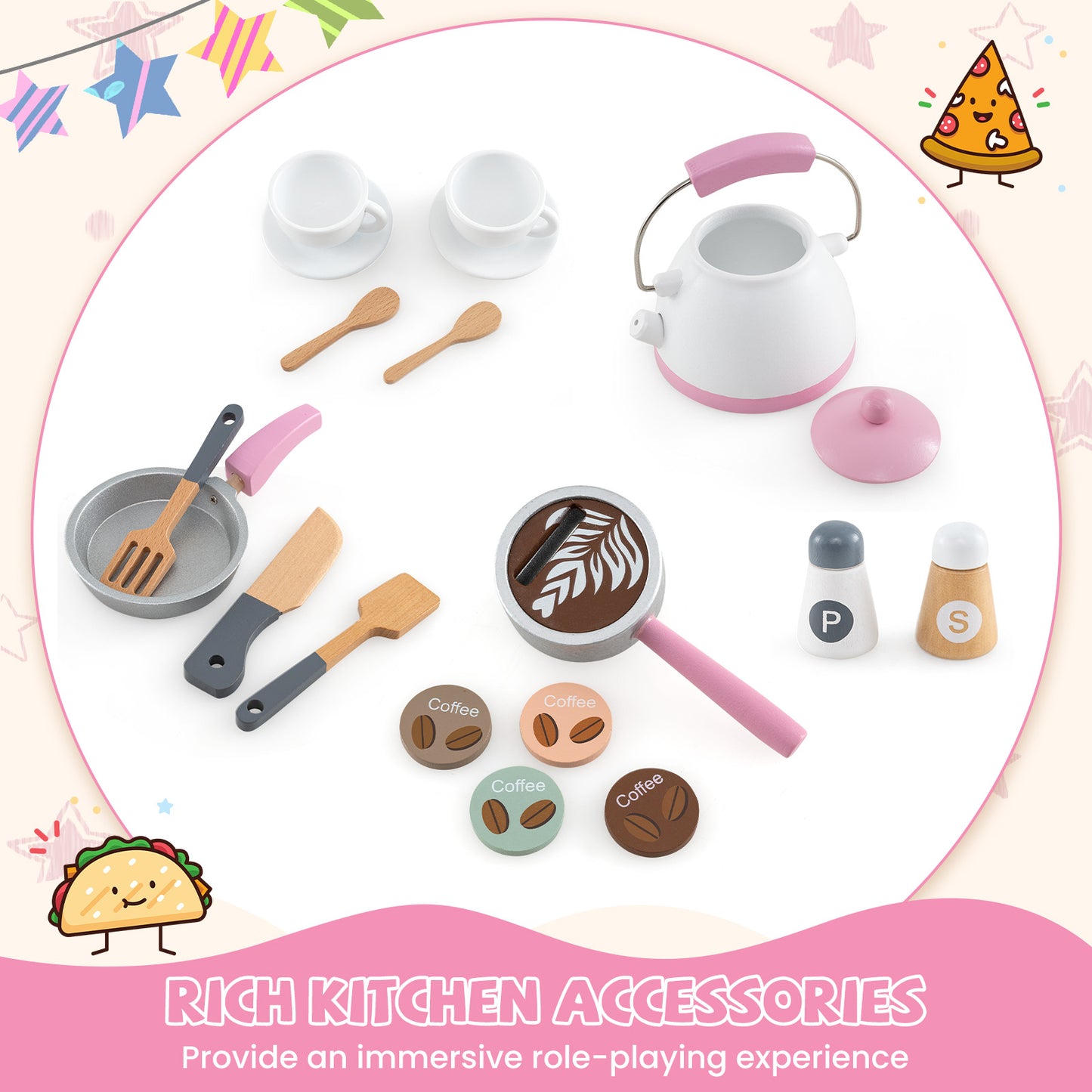 Corner Wooden Play Kitchen with Coffee Machine and Slide for Kids-Pink Kids Crystal