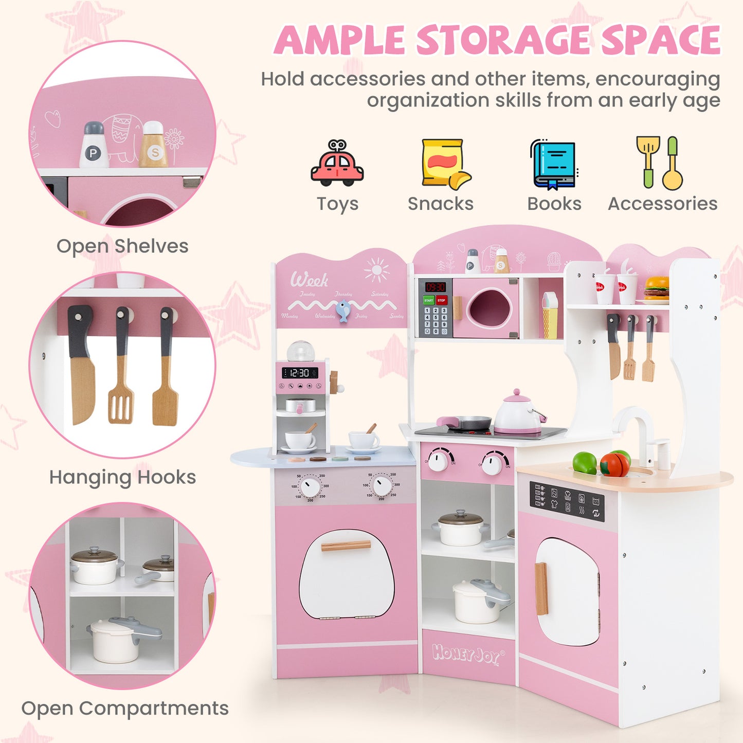 Corner Wooden Play Kitchen with Coffee Machine and Slide for Kids-Pink Kids Crystal