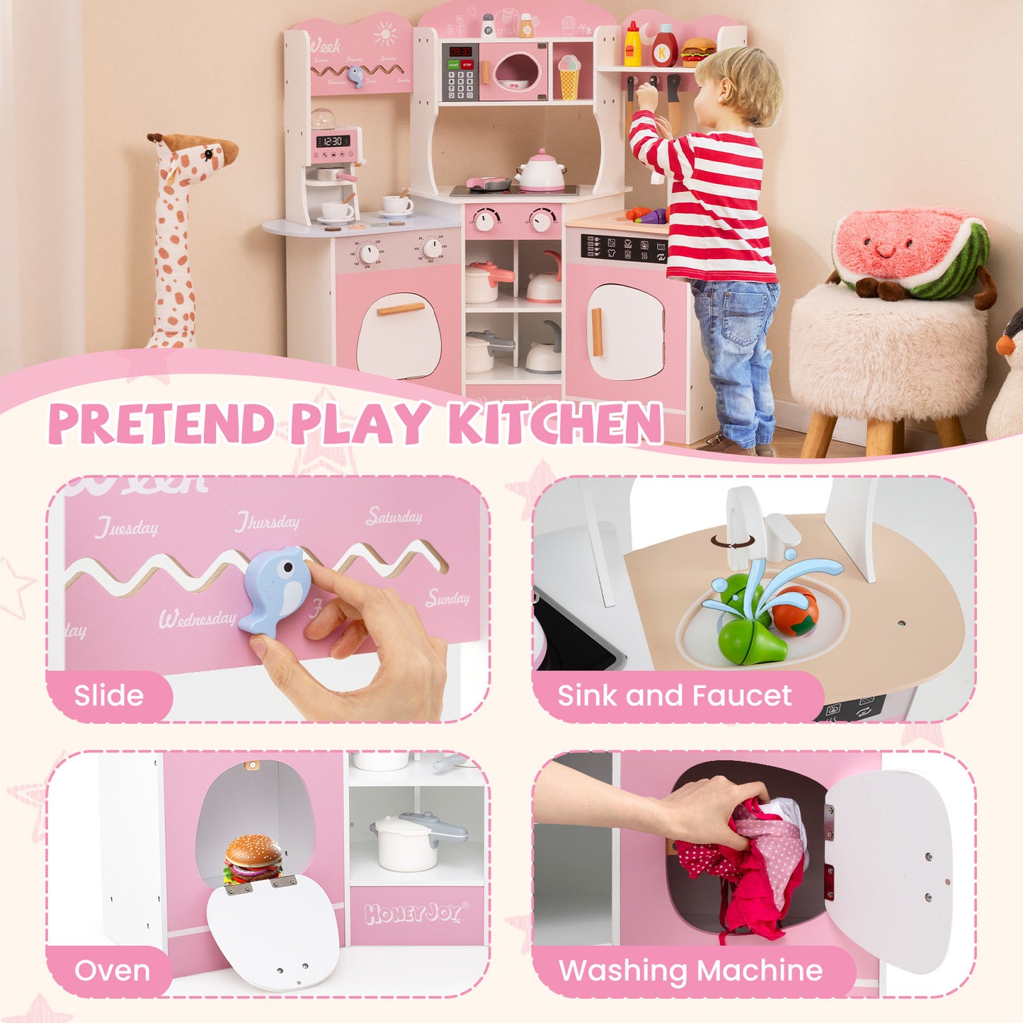 Corner Wooden Play Kitchen with Coffee Machine and Slide for Kids-Pink Kids Crystal
