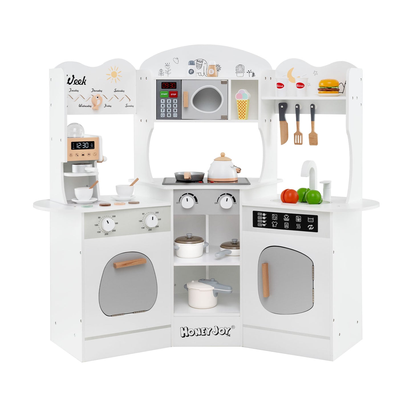 Corner Wooden Play Kitchen with Coffee Machine and Slide for Kids-White Kids Crystal