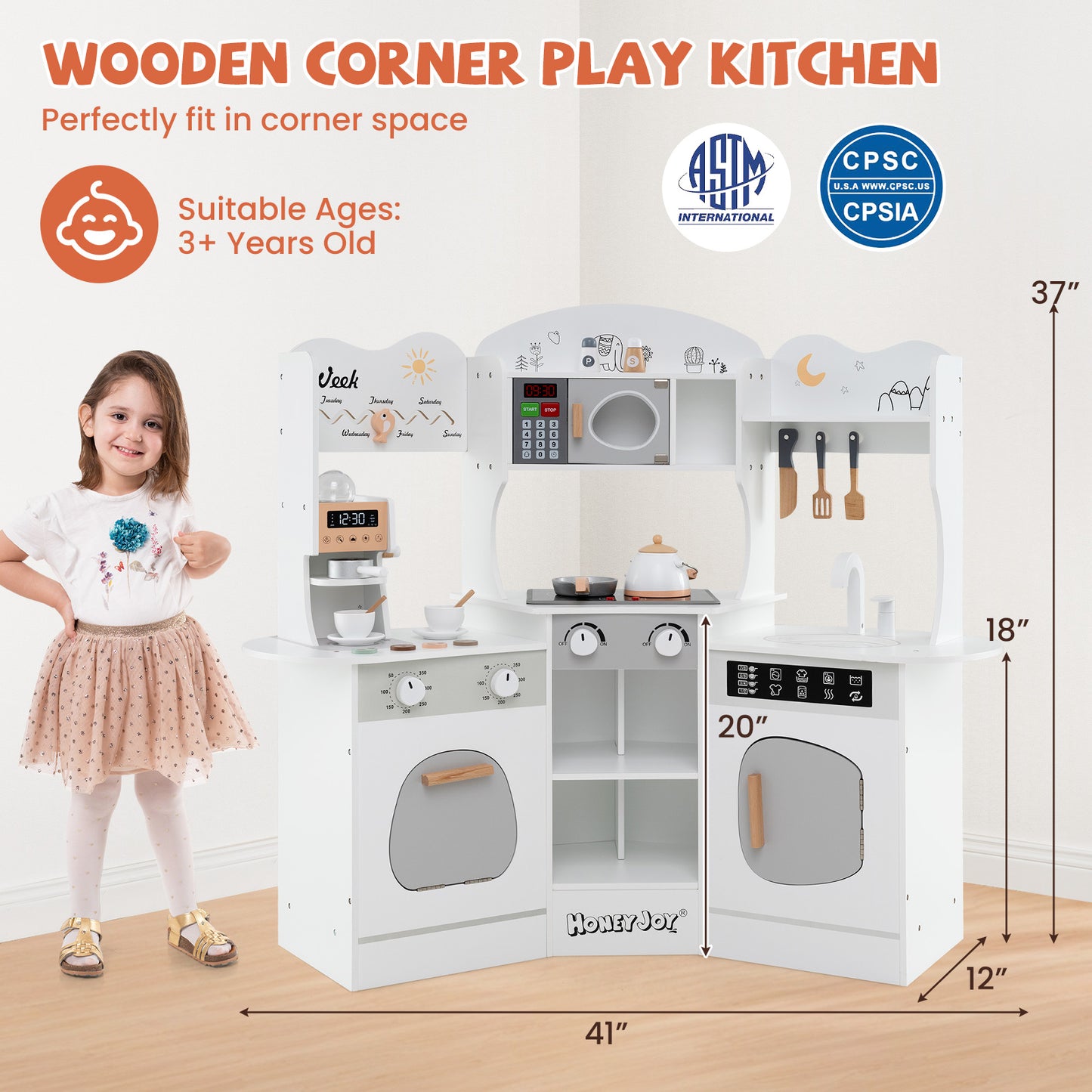 Corner Wooden Play Kitchen with Coffee Machine and Slide for Kids-White Kids Crystal