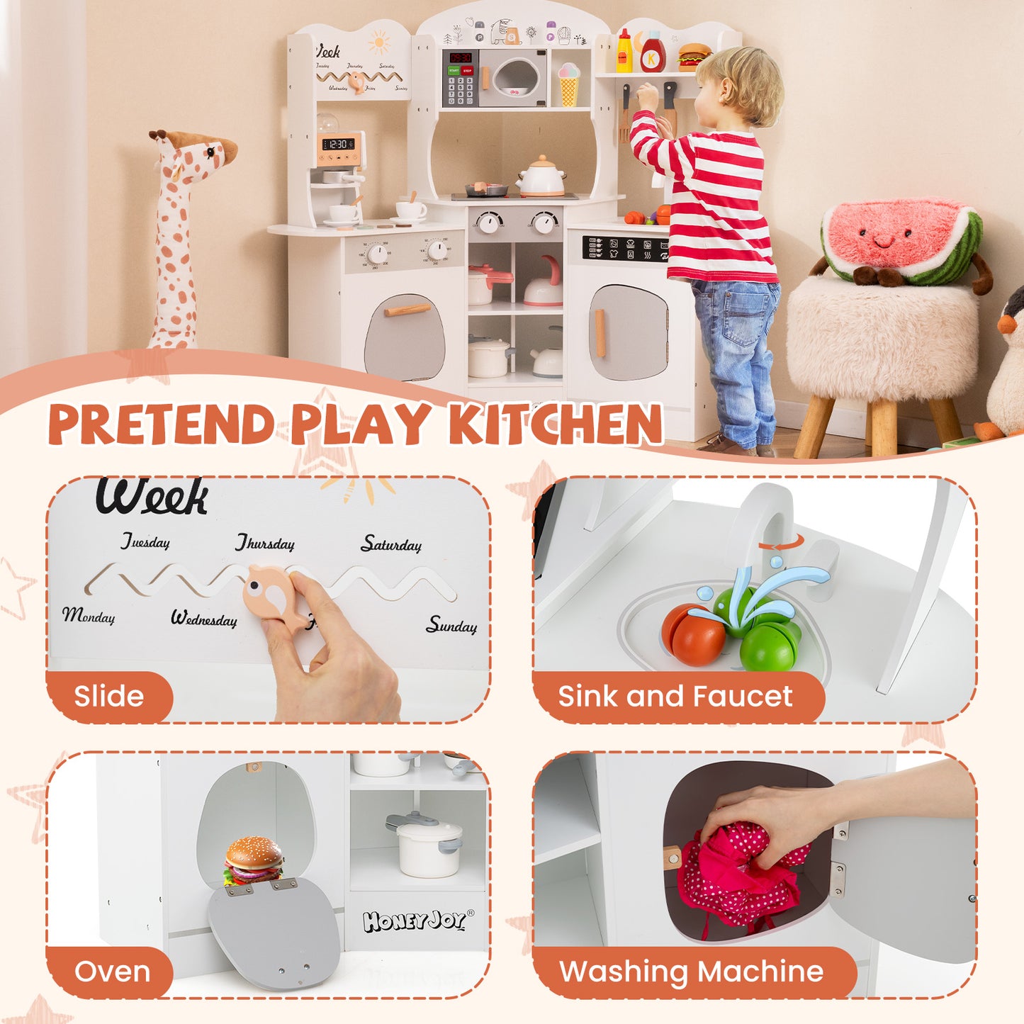 Corner Wooden Play Kitchen with Coffee Machine and Slide for Kids-White Kids Crystal