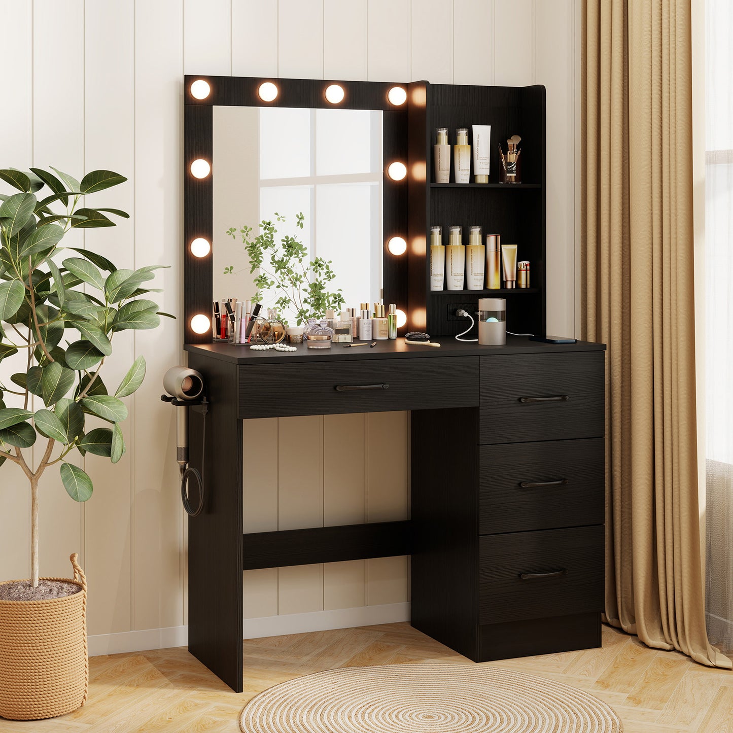 Vanity Desk with 3-Color Lights and Power Outlets-Black Kids Crystal