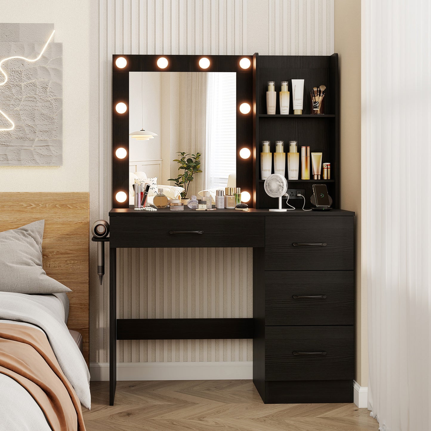 Vanity Desk with 3-Color Lights and Power Outlets-Black Kids Crystal
