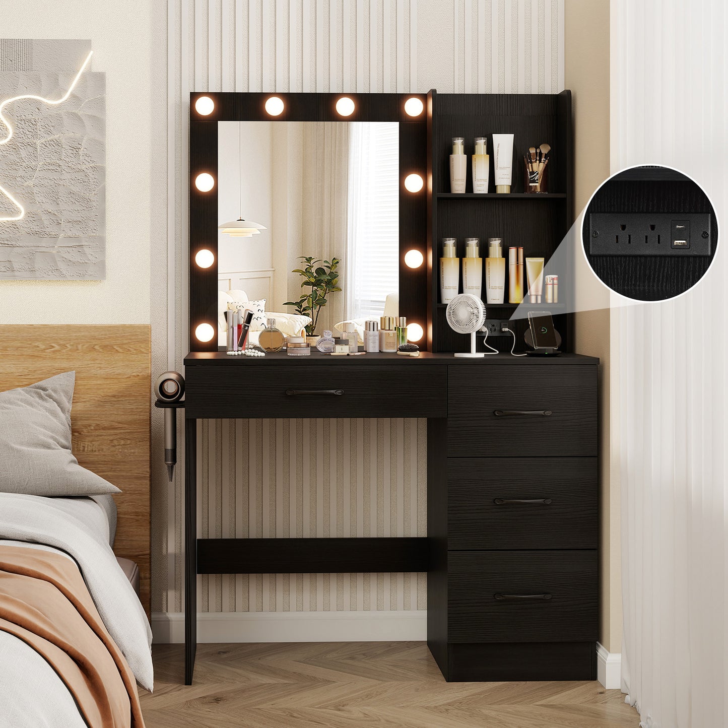 Vanity Desk with 3-Color Lights and Power Outlets-Black Kids Crystal