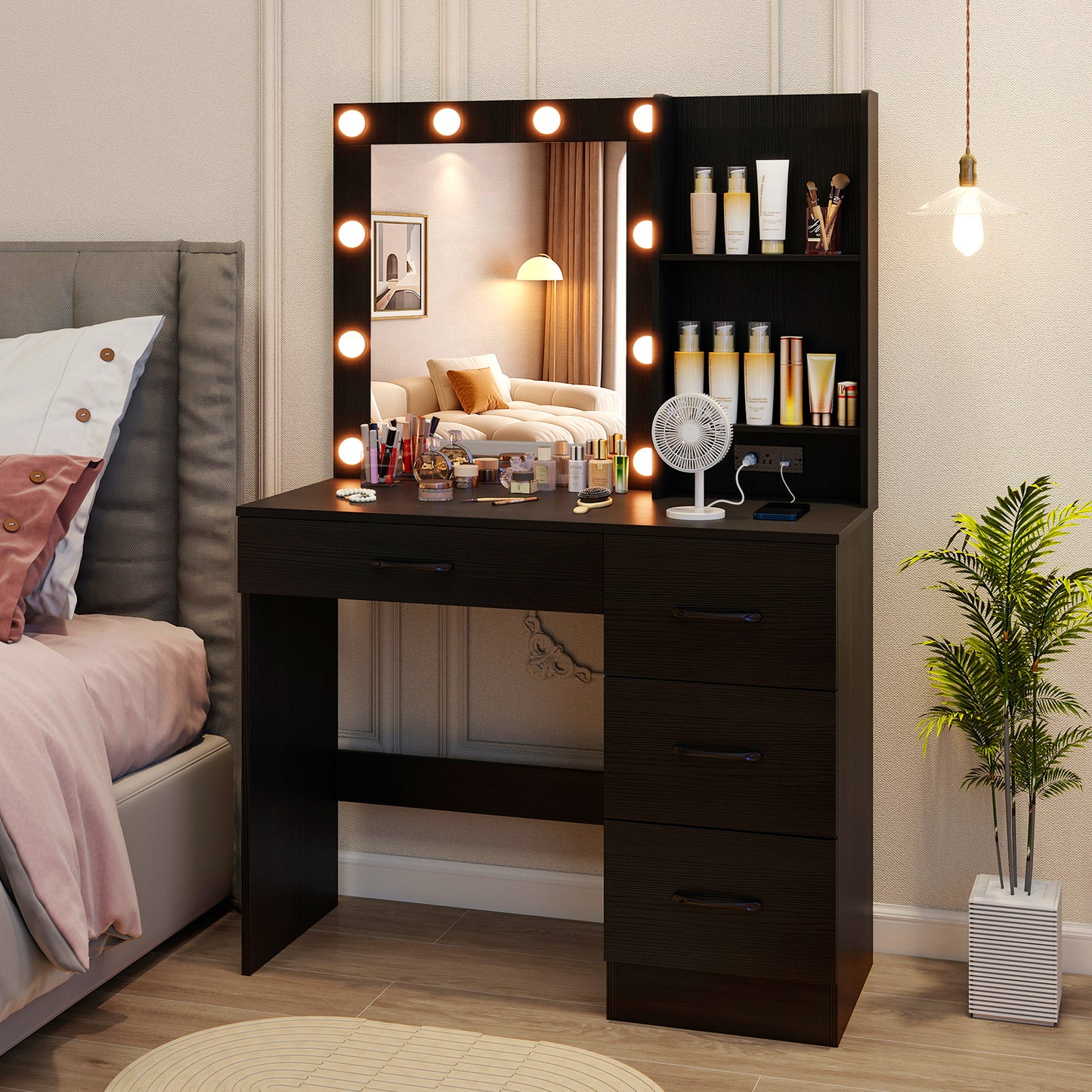 Vanity Desk with 3-Color Lights and Power Outlets-Black Kids Crystal