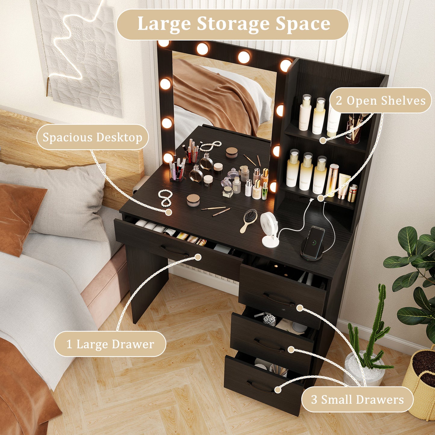 Vanity Desk with 3-Color Lights and Power Outlets-Black Kids Crystal