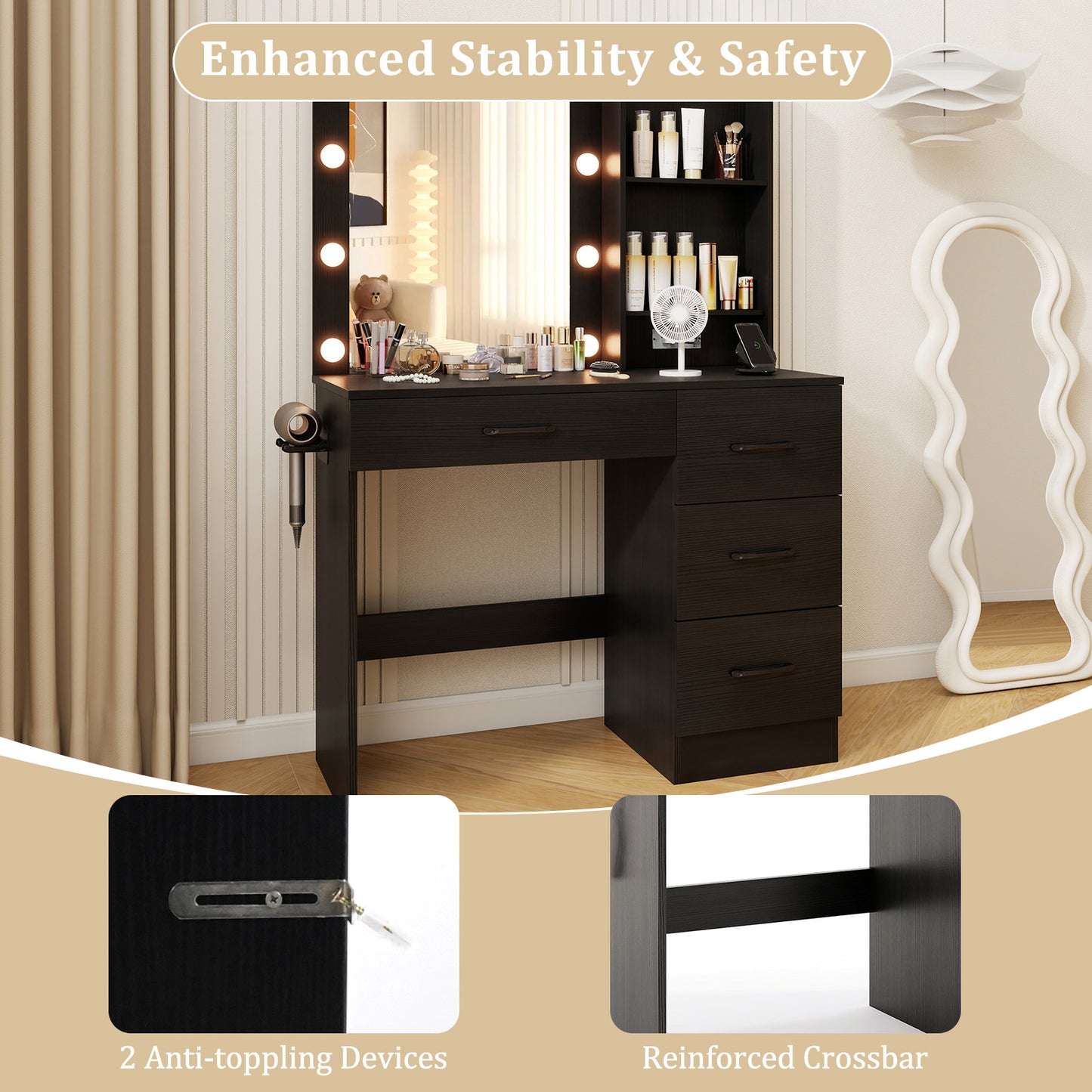Vanity Desk with 3-Color Lights and Power Outlets-Black Kids Crystal
