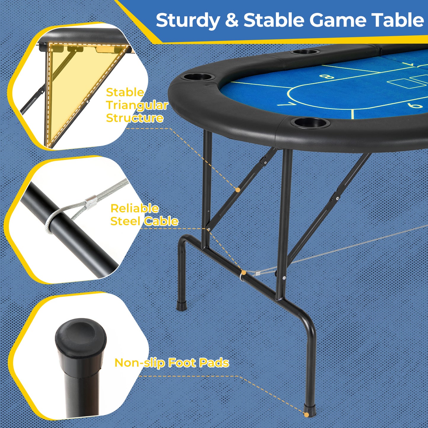 72 x 36 x 30.5 Inch Foldable Poker Table with 8 Cup Holders-Blue Kids Crystal