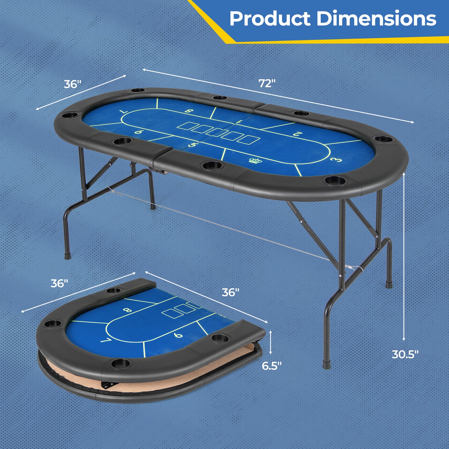 72 x 36 x 30.5 Inch Foldable Poker Table with 8 Cup Holders-Blue Kids Crystal