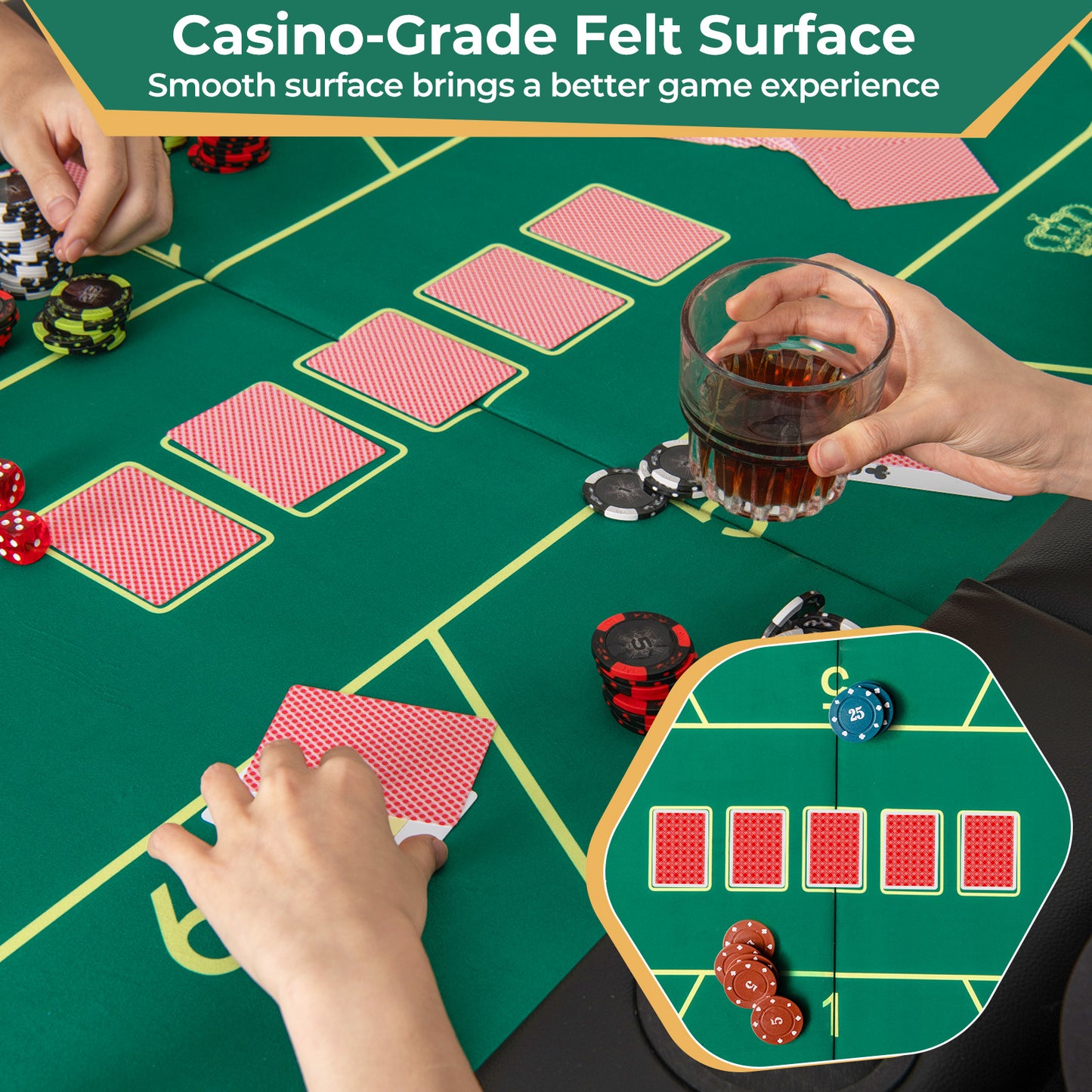 72 x 36 x 30.5 Inch Foldable Poker Table with 8 Cup Holders-Green Kids Crystal