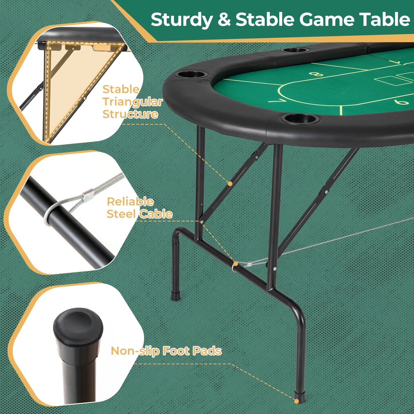 72 x 36 x 30.5 Inch Foldable Poker Table with 8 Cup Holders-Green Kids Crystal