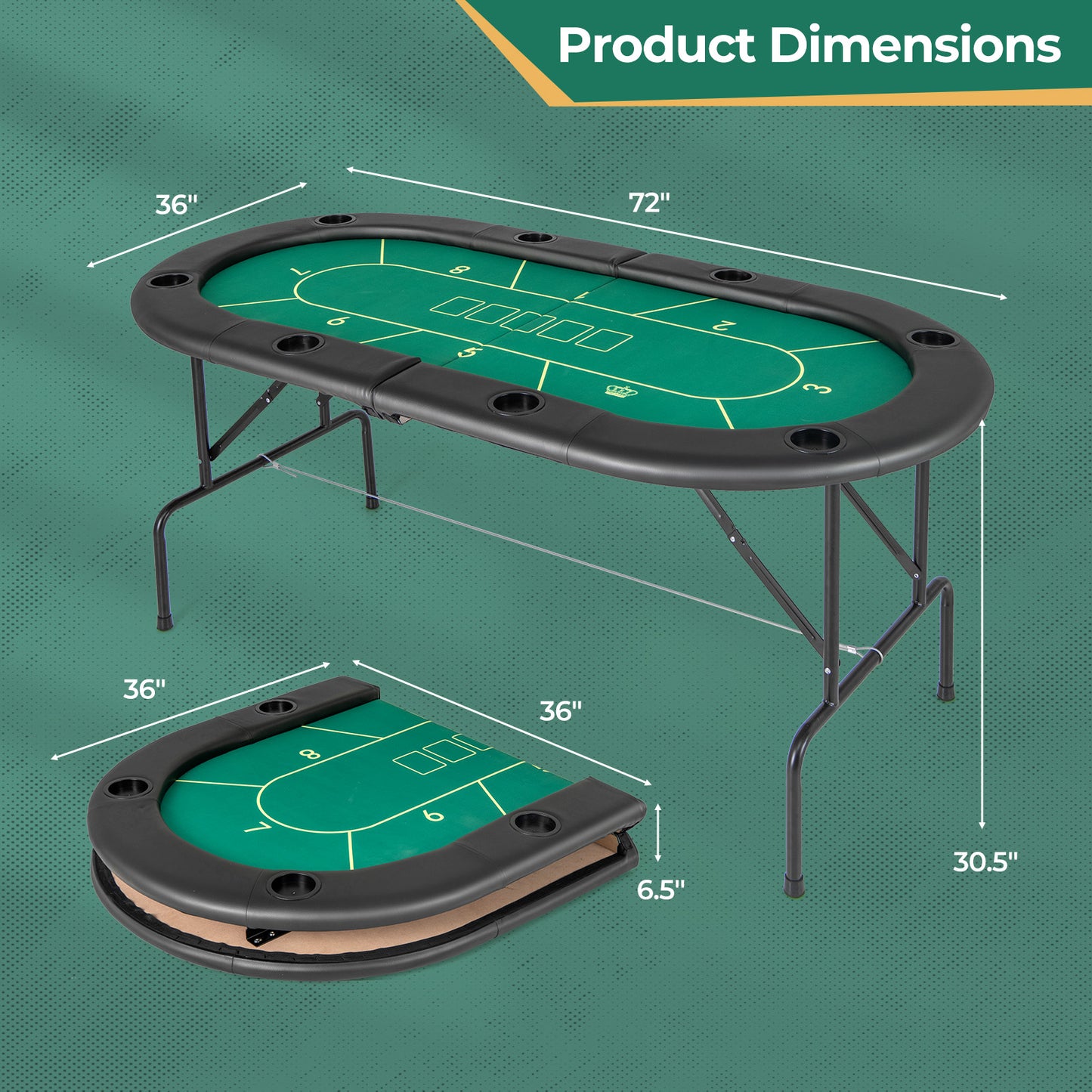 72 x 36 x 30.5 Inch Foldable Poker Table with 8 Cup Holders-Green Kids Crystal