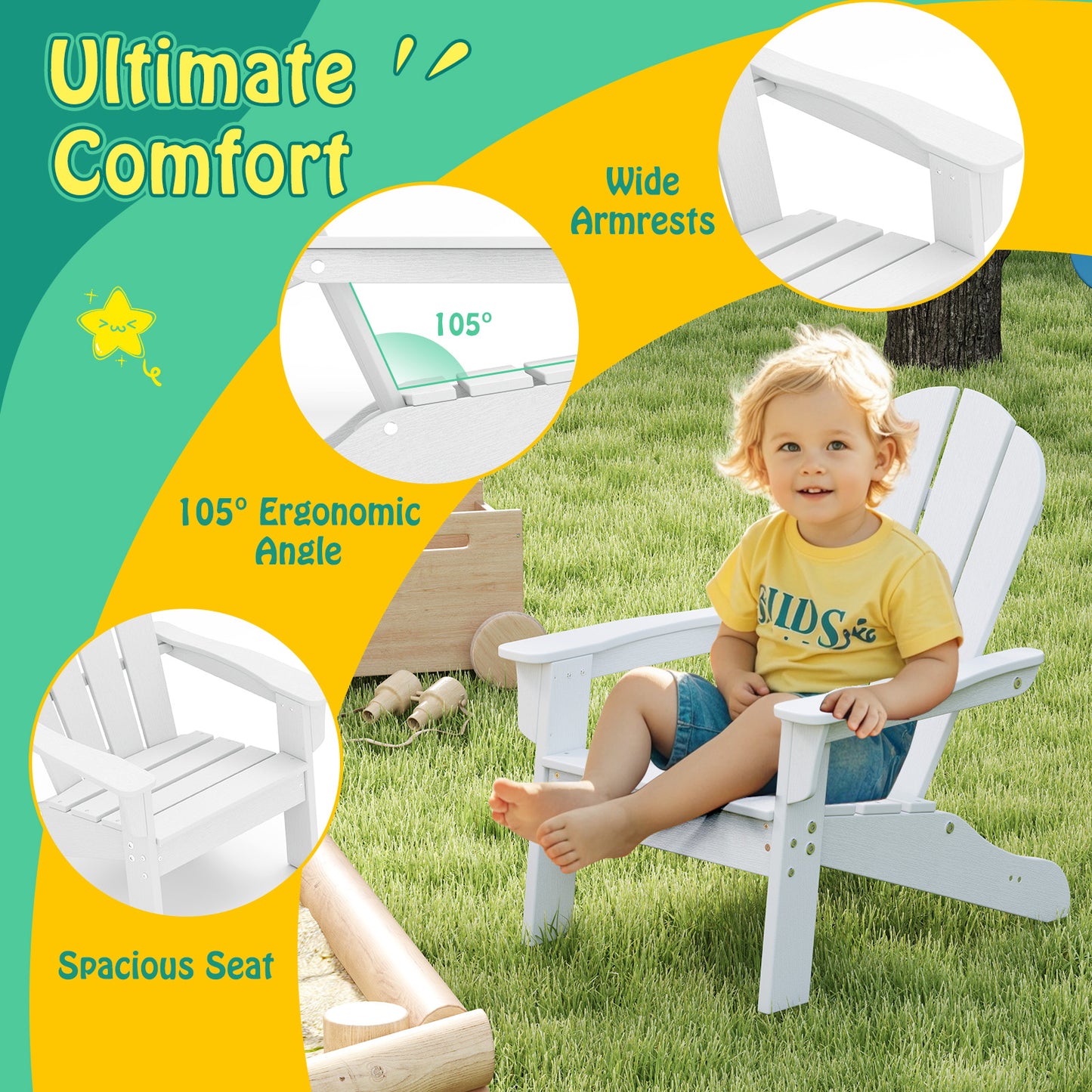 All-Weather HDPE Kid's Adirondack Chair with with High Backrest and Armrests-White Kids Crystal