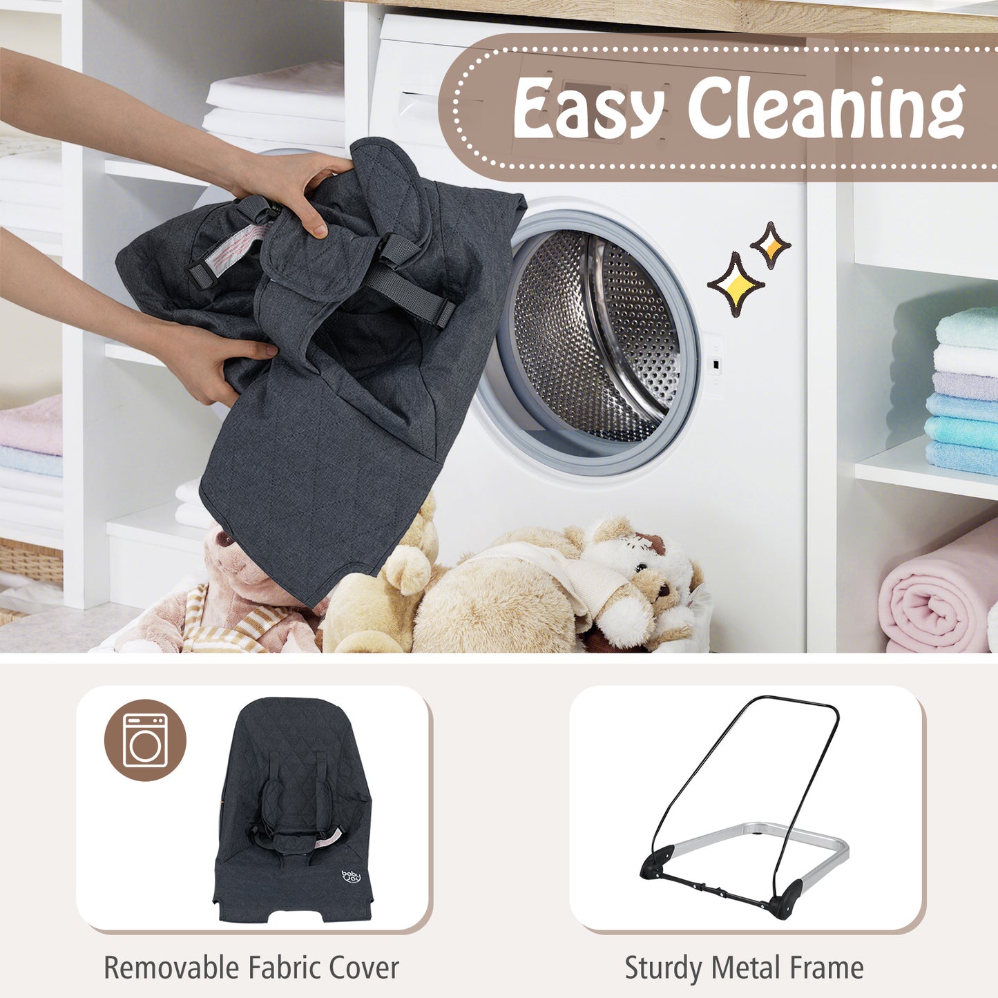 Foldable Baby Bouncer with Removable Fabric Cover and Toy Bar-Black Kids Crystal