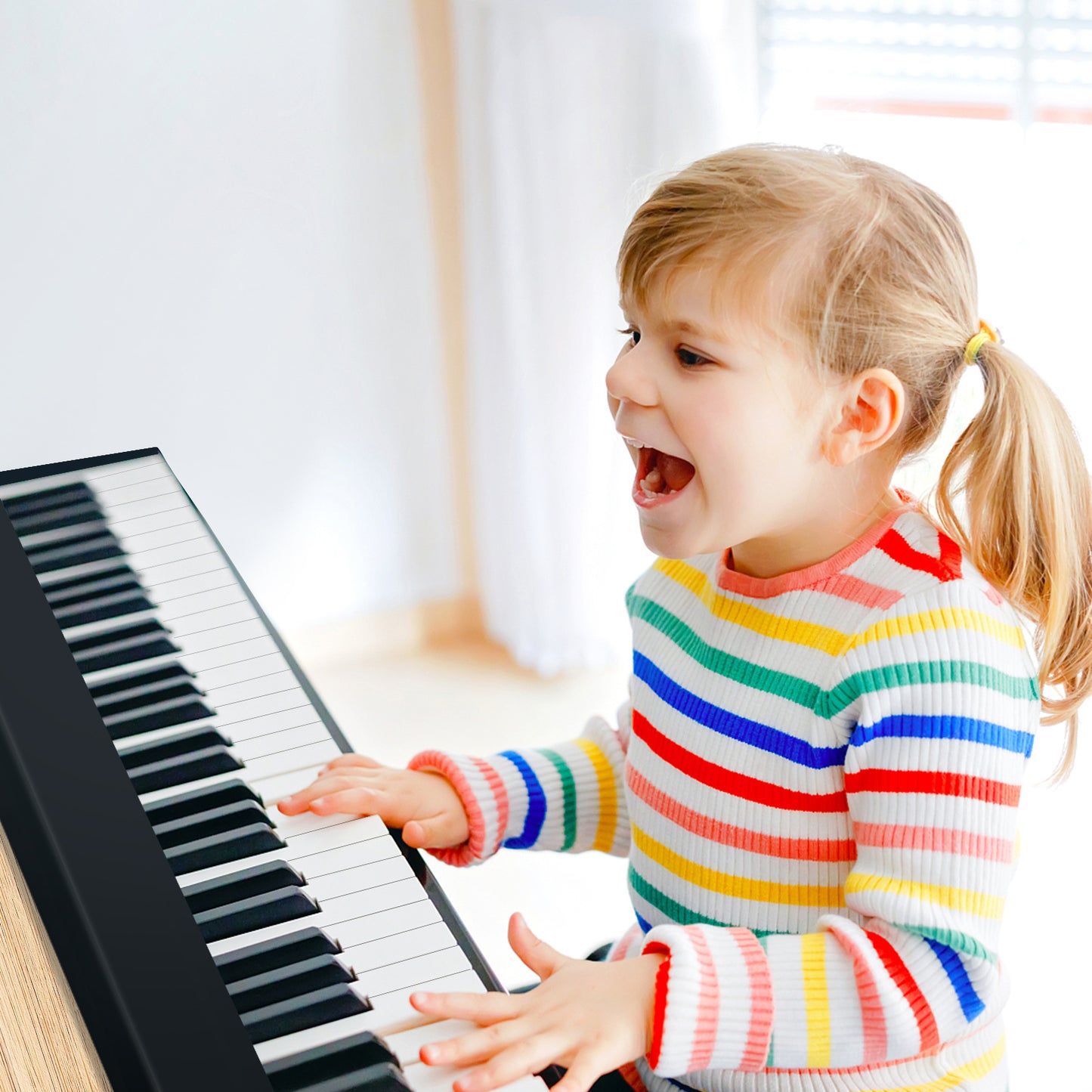 61-Key Folding Piano Keyboard with Full Size Keys and Music Stand-Black Kids Crystal
