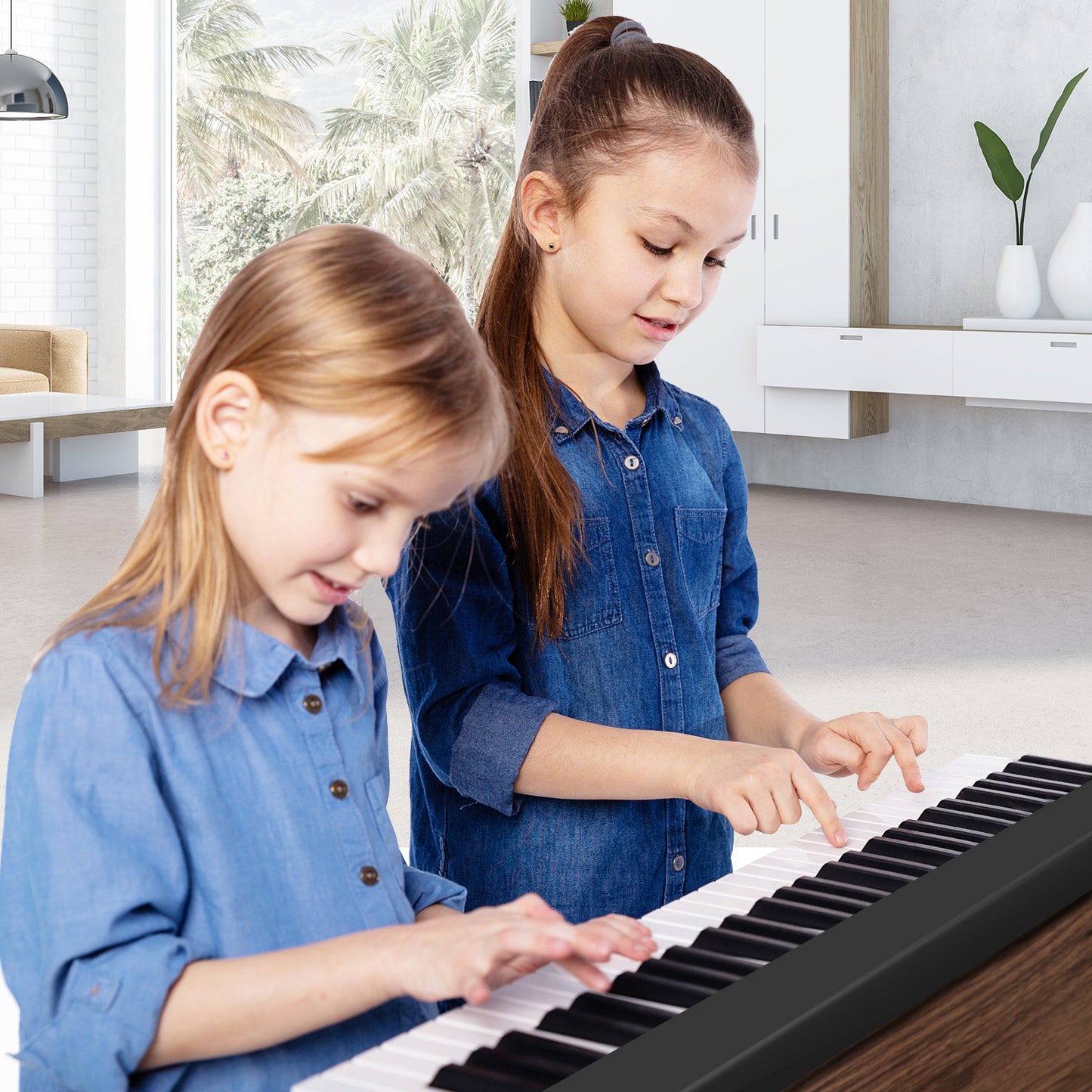 61-Key Folding Piano Keyboard with Full Size Keys and Music Stand-Black Kids Crystal