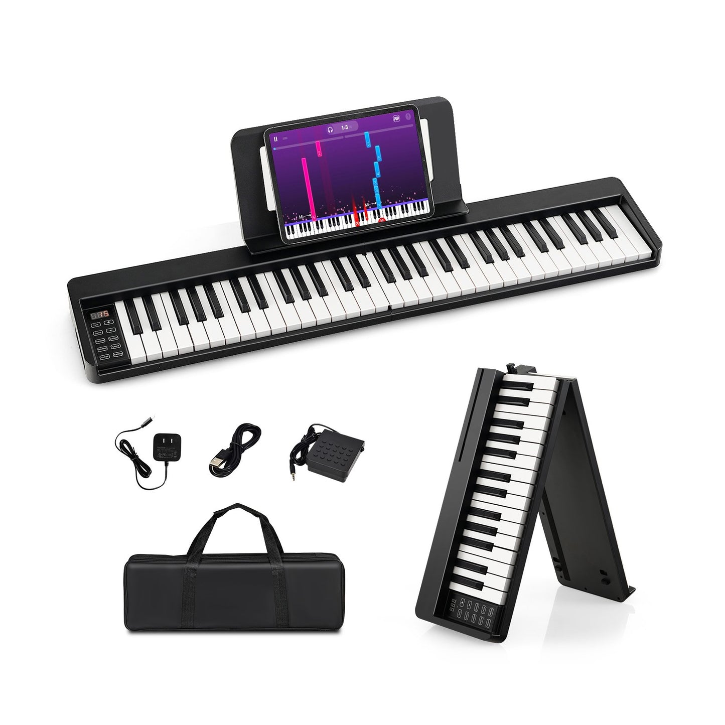 61-Key Folding Piano Keyboard with Full Size Keys and Music Stand-Black Kids Crystal