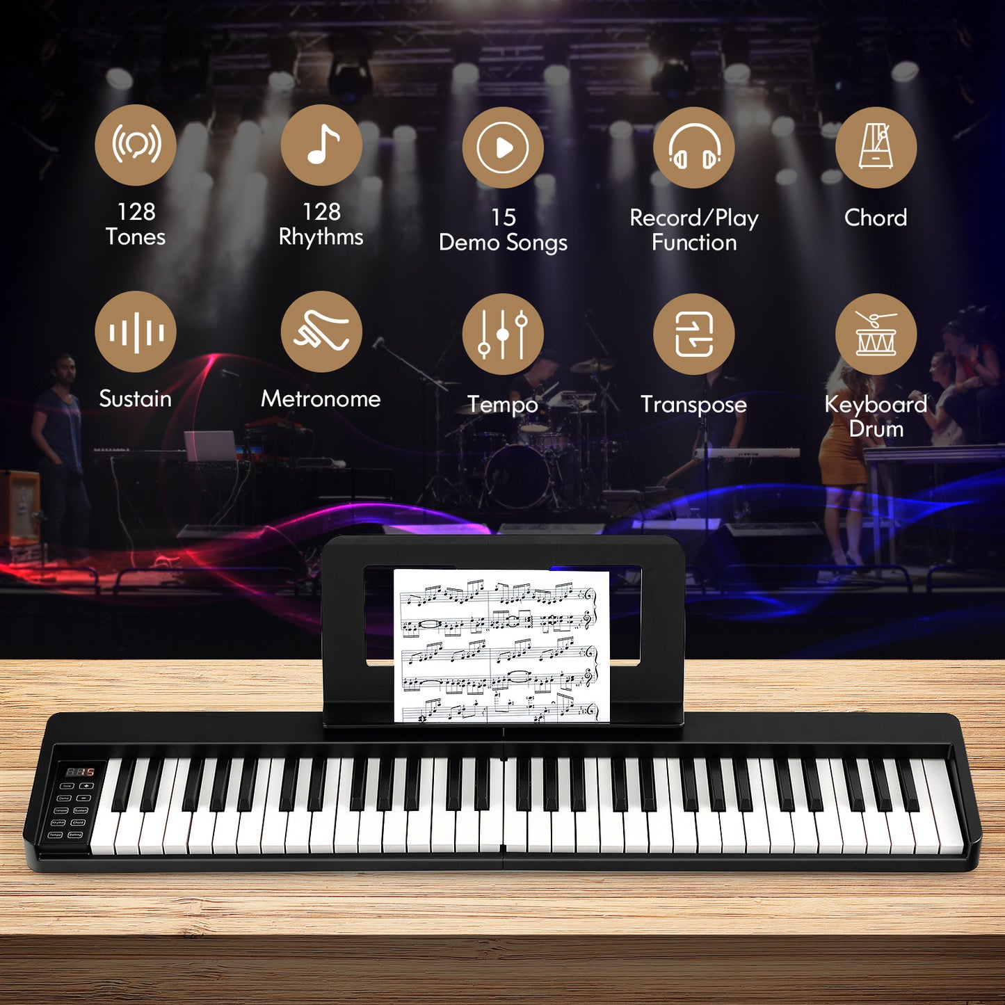 61-Key Folding Piano Keyboard with Full Size Keys and Music Stand-Black Kids Crystal