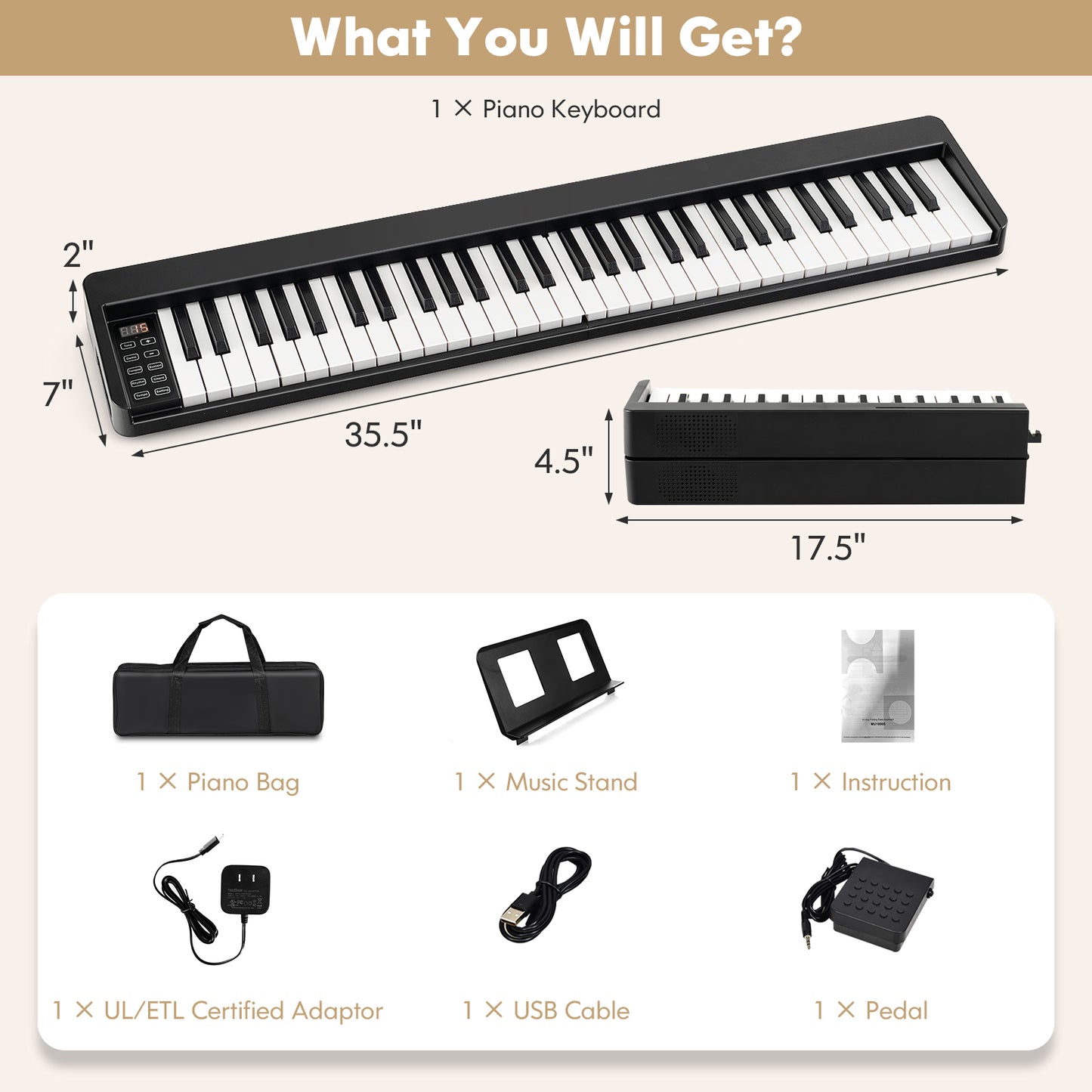 61-Key Folding Piano Keyboard with Full Size Keys and Music Stand-Black Kids Crystal