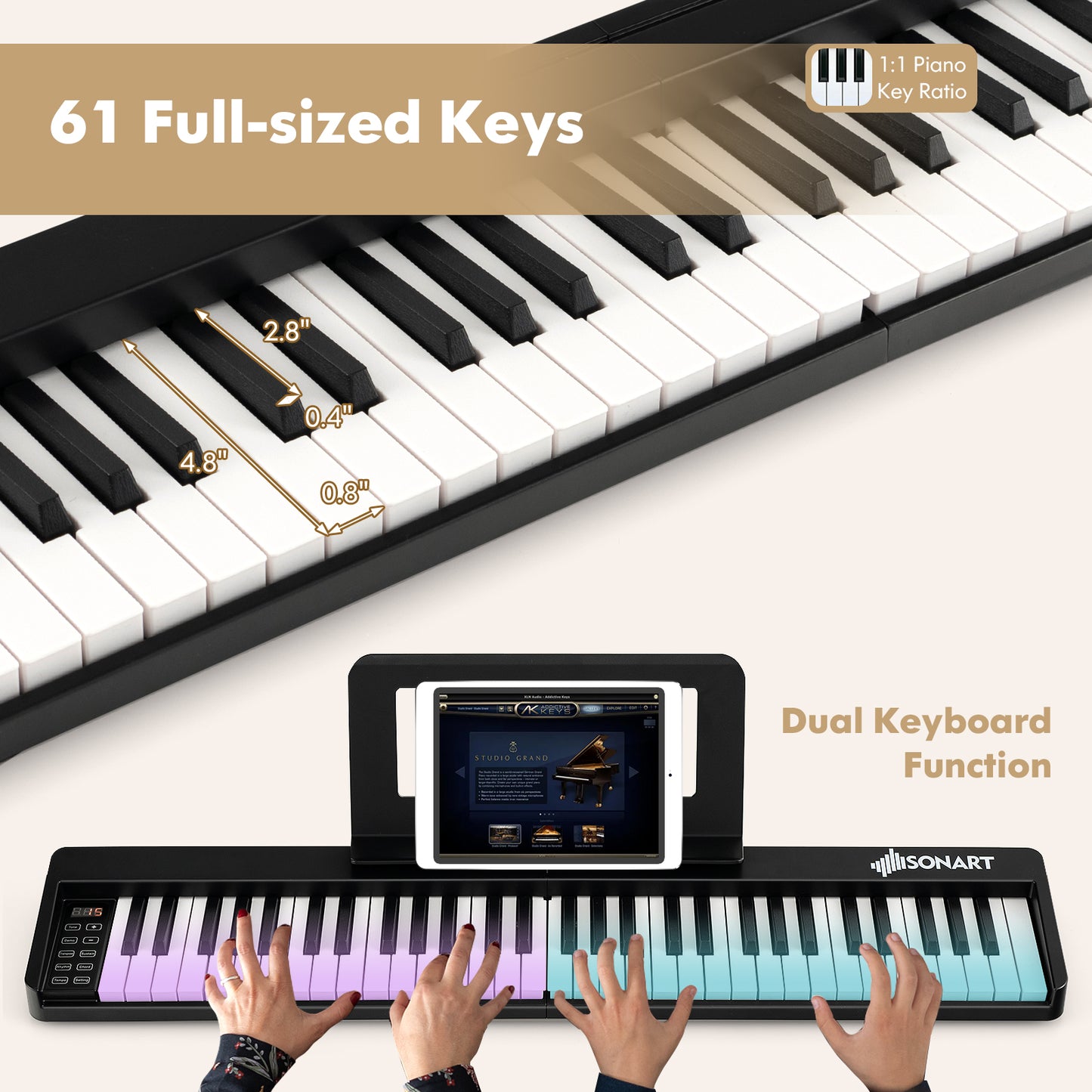 61-Key Folding Piano Keyboard with Full Size Keys and Music Stand-Black Kids Crystal