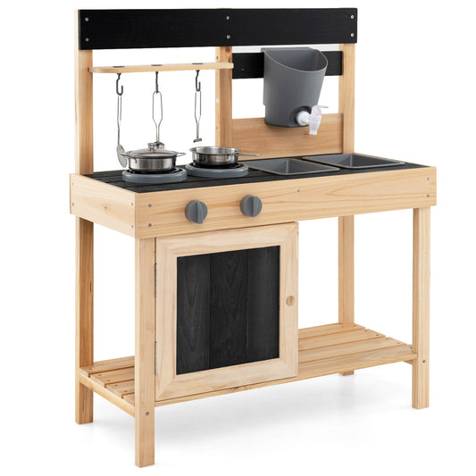 Mud Kitchen Playset Kids Play Kitchen Outdoor with 2 Removable Sinks-Natural Kids Crystal