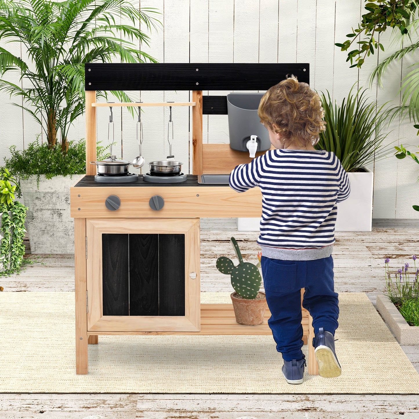 Mud Kitchen Playset Kids Play Kitchen Outdoor with 2 Removable Sinks-Natural Kids Crystal