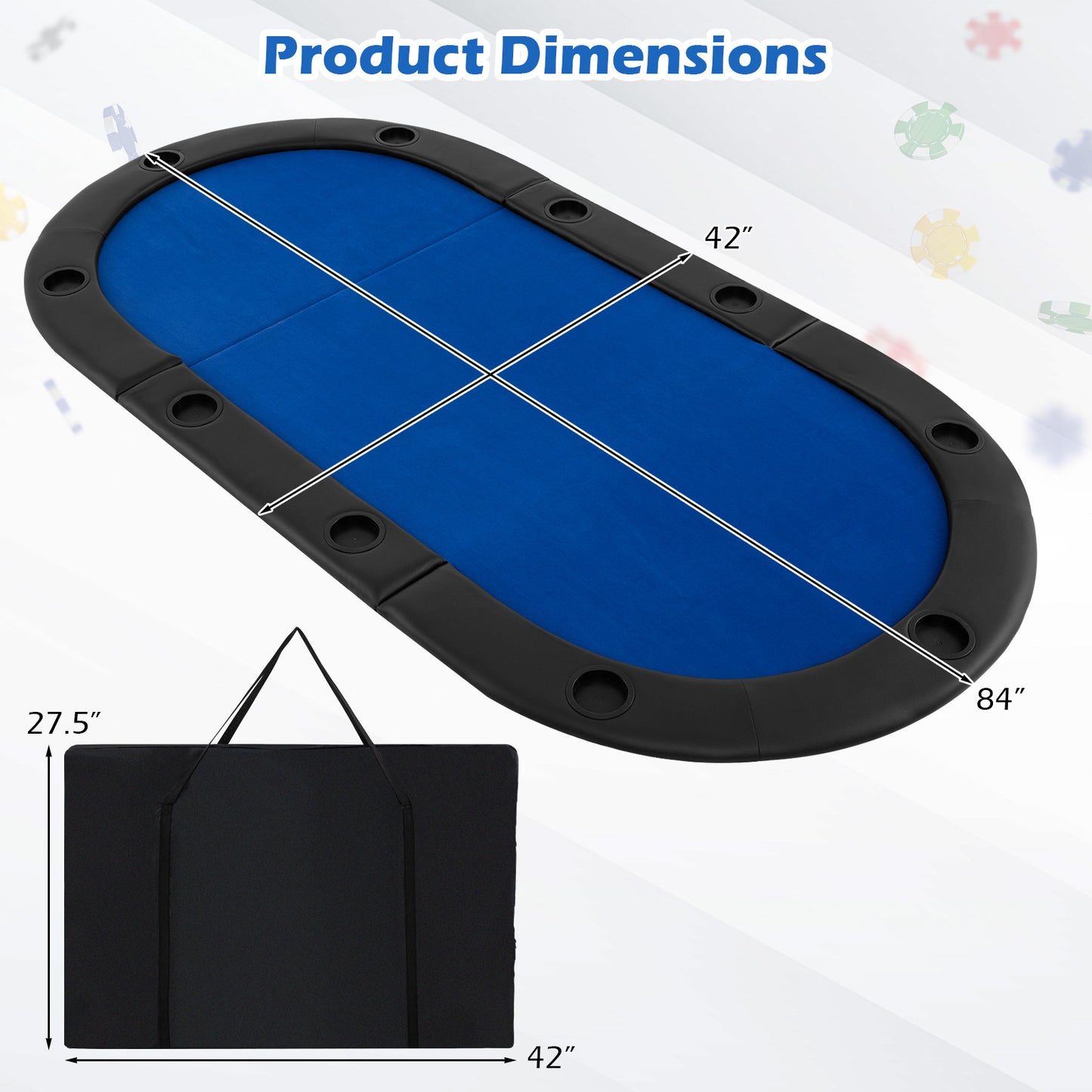 Portable 84 x 42 Inch 10-Player Foldable Padded Poker Table Top-Blue Kids Crystal